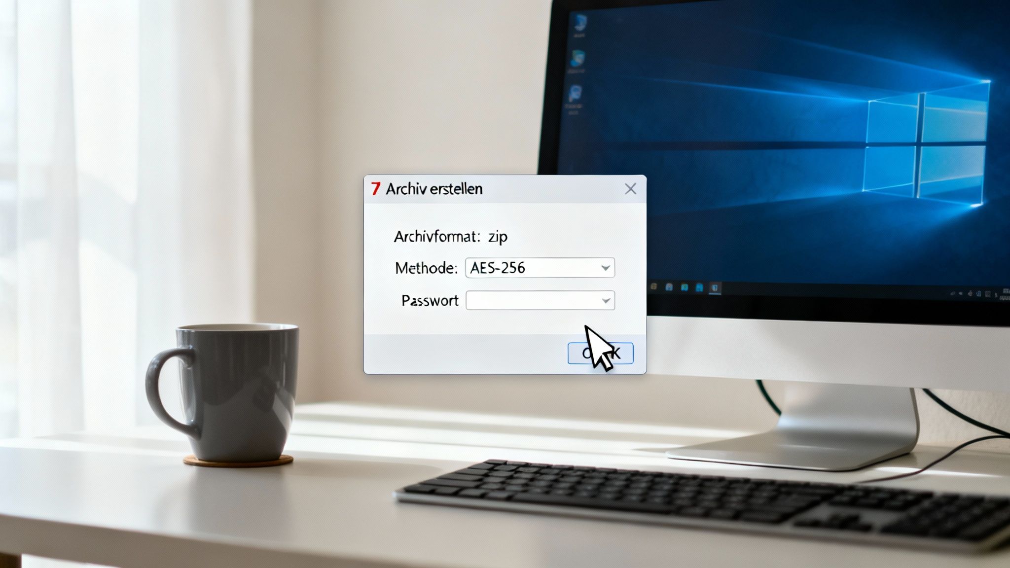 Ein 7-Zip-Fenster zeigt Optionen zur Erstellung eines ZIP-Archivs mit AES-256-Verschlüsselung und einem Passwortfeld.