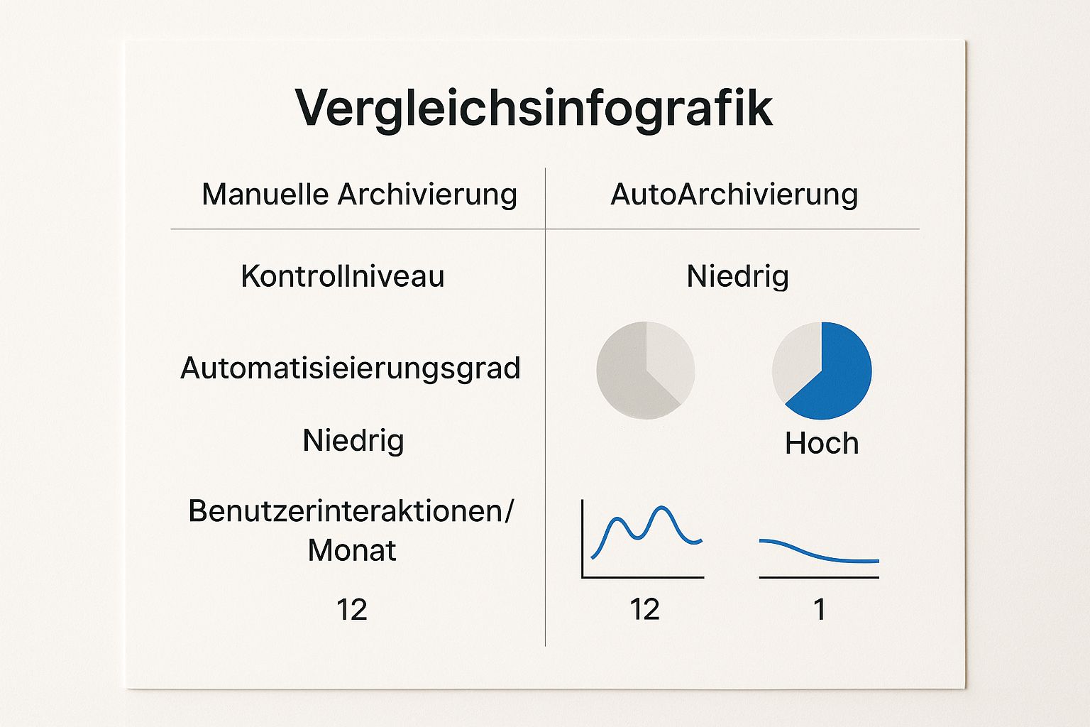 Infografik, die die manuelle Archivierung mit der AutoArchivierung in Outlook vergleicht, basierend auf Kontrollniveau, Automatisierungsgrad und Benutzerinteraktionen.