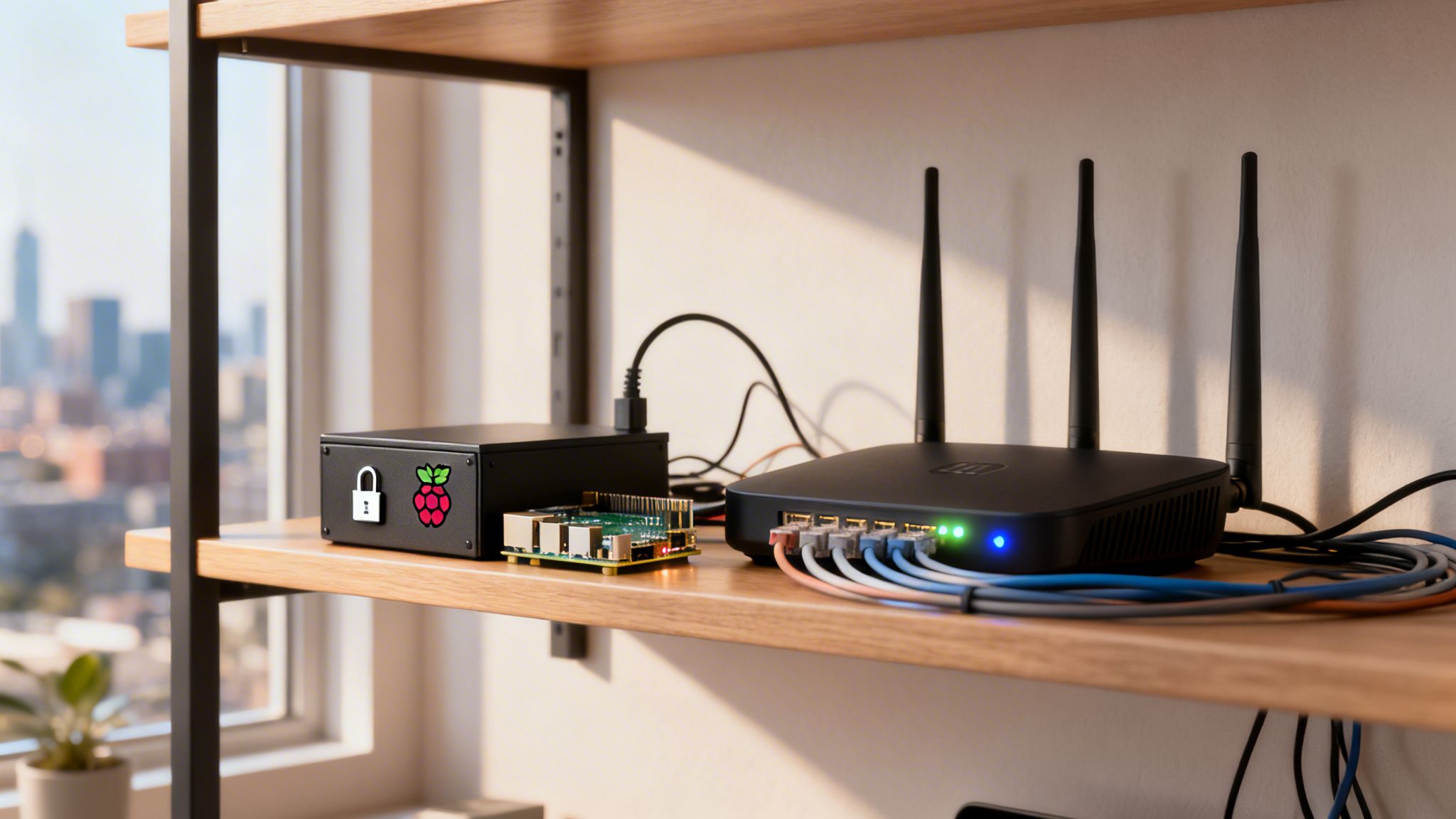 Ein Raspberry Pi in einem schwarzen Gehäuse mit Schloss und ein Router auf einem Holzregal, im Hintergrund eine Stadtkulisse.