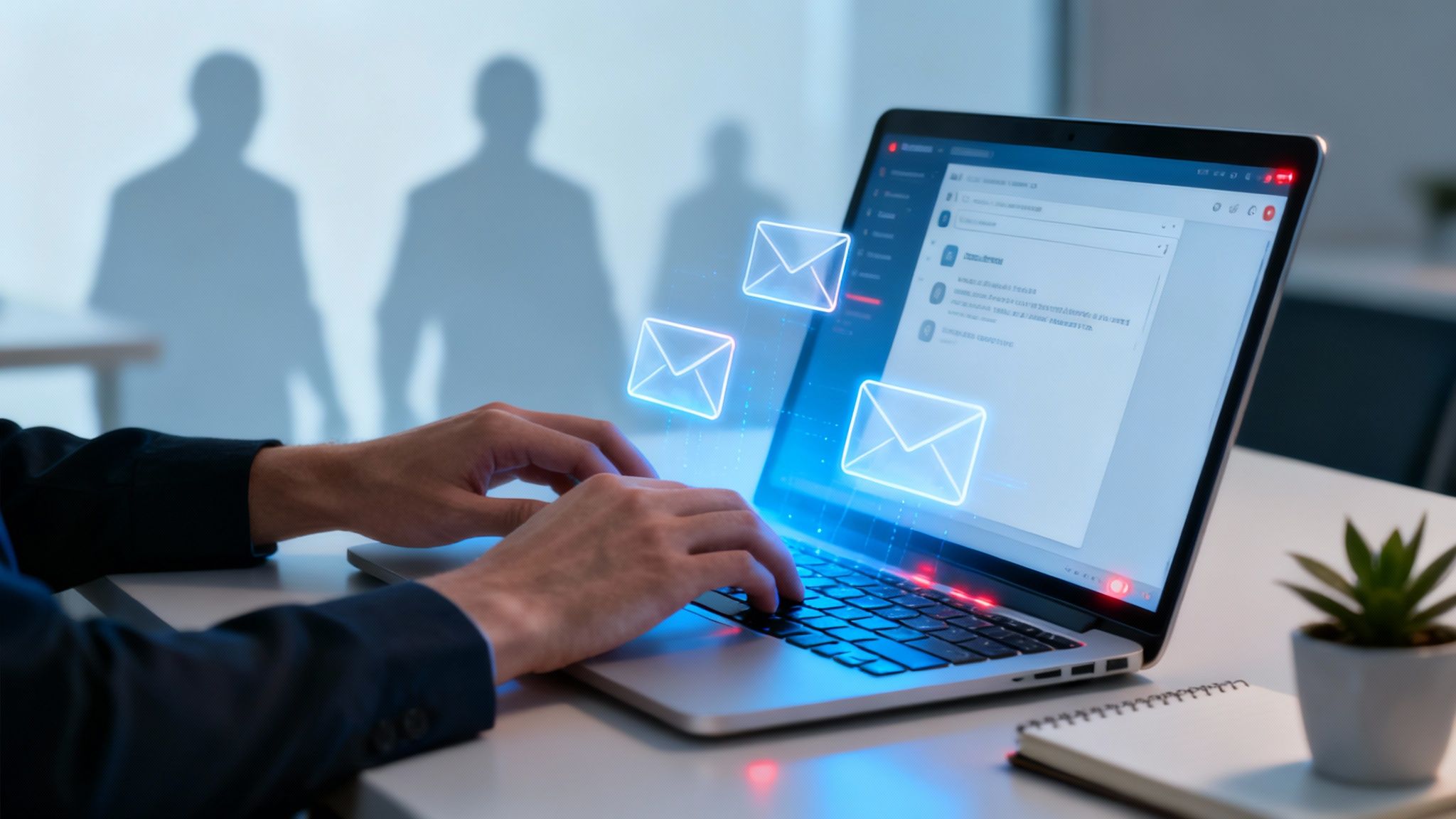 Mann tippt auf Laptop, um E-Mails zu senden, mit digitalen Umschlägen schwebend. Geschäftskommunikation.