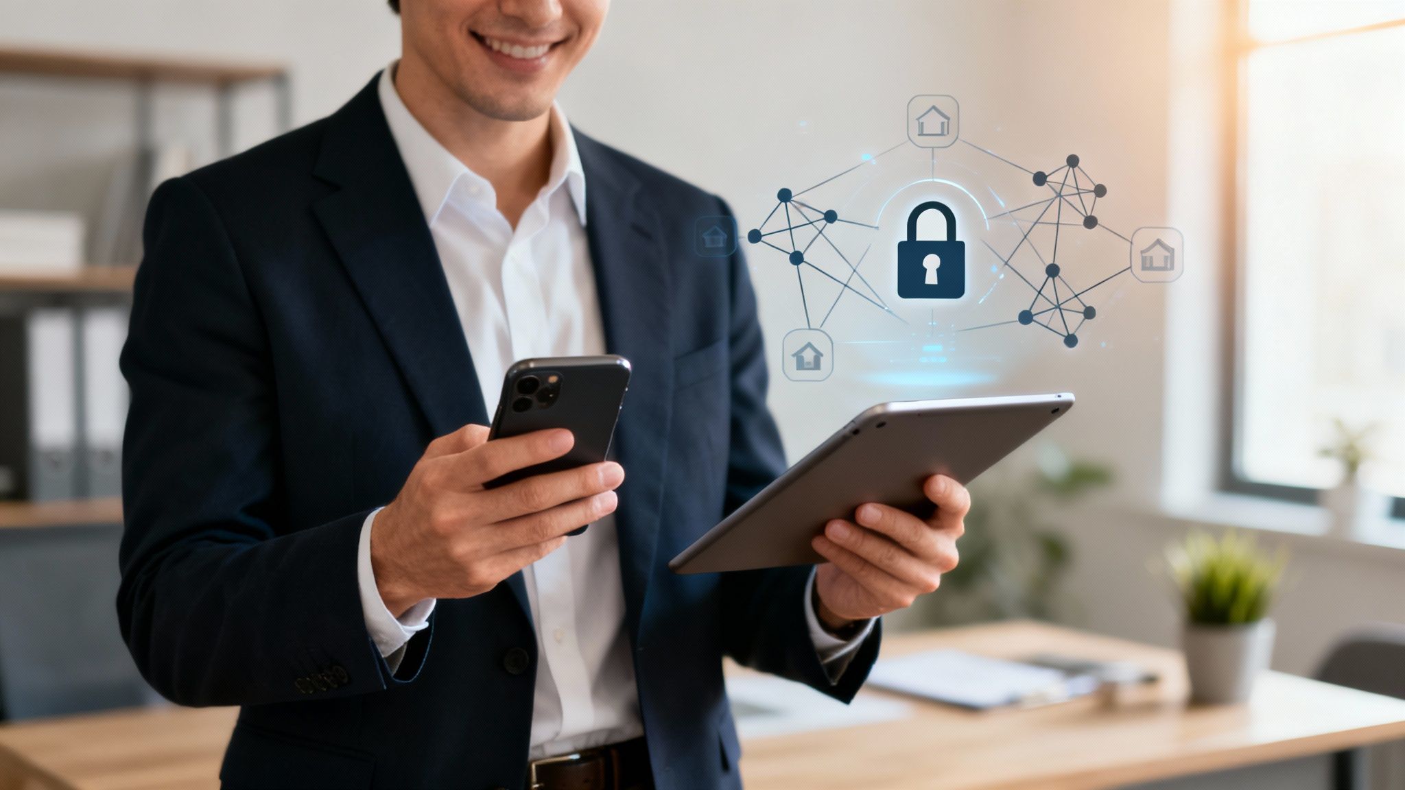 Geschäftsmann mit Smartphone und Tablet verwaltet vernetzte Geräte mit Sicherheitsschloss-Symbol im Smart-Home-System