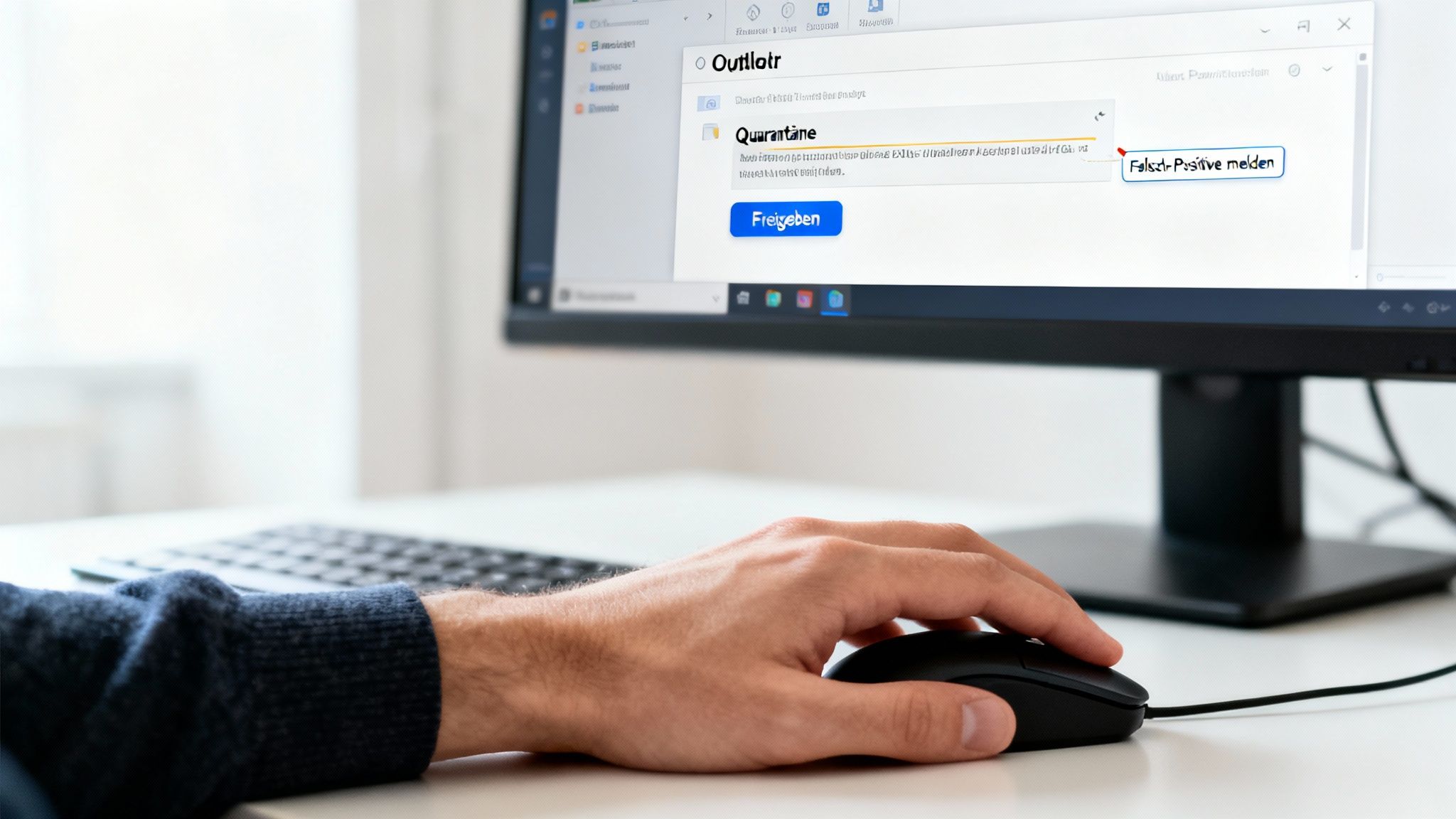 Eine Hand bedient eine Computermaus, während auf dem Bildschirm ein Outlook-Fenster mit einer E-Mail-Quarantäne-Nachricht angezeigt wird.