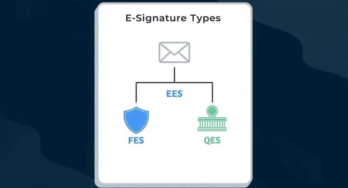 Dieser Entscheidungsbaum visualisiert, wie man von der einfachen (EES) über die fortgeschrittene (FES) bis zur qualifizierten elektronischen Signatur (QES) gelangt, je nach den Anforderungen des Dokuments.