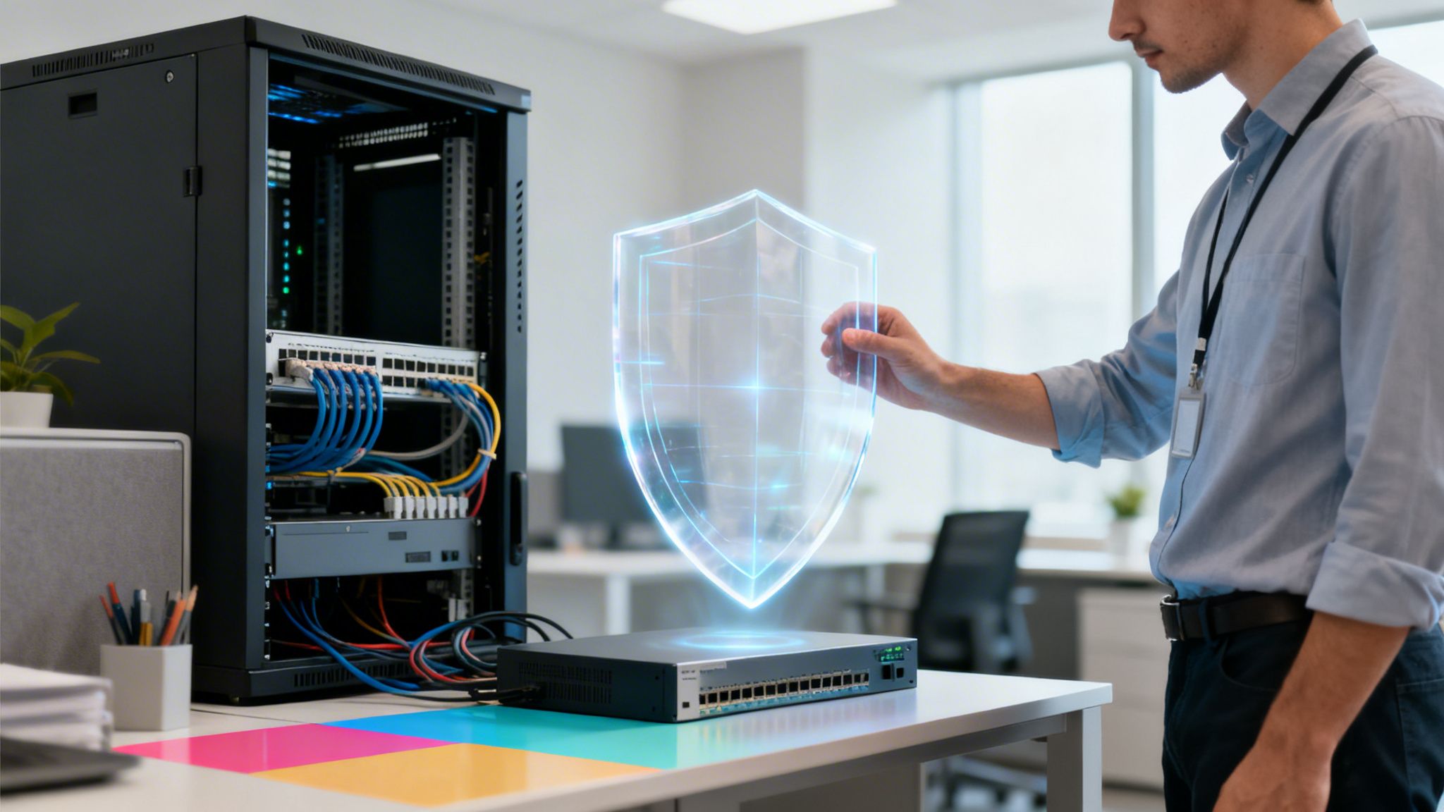 Ein Mann hält ein holografisches Schild über einen Netzwerkschalter mit einem Serverschrank im Hintergrund, symbolisierend Netzwerksicherheit.