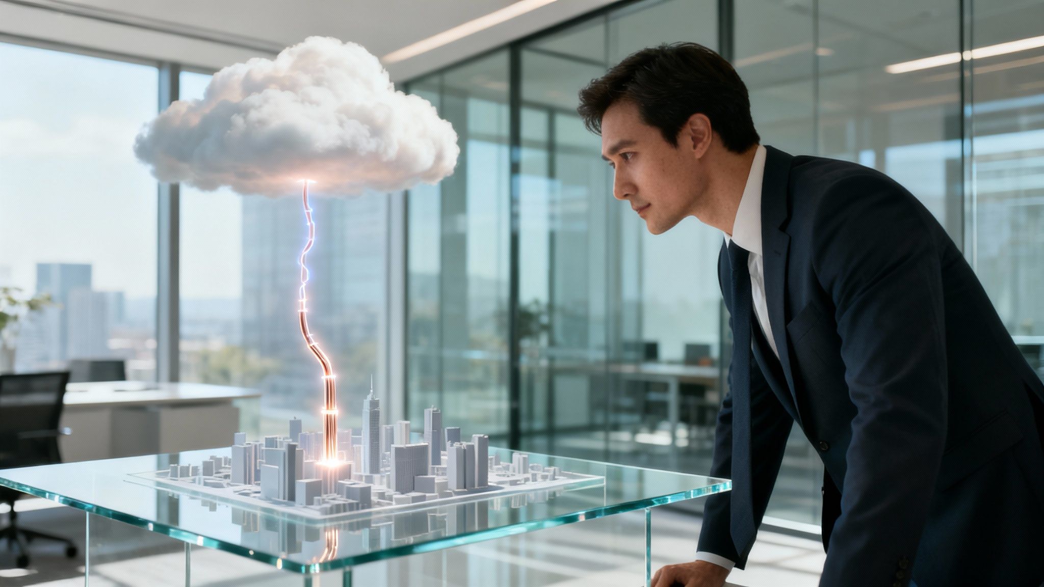 Mann betrachtet ein Miniaturstadtmodell im Büro, das durch eine leuchtende Leitung mit einer schwebenden Wolke verbunden ist.