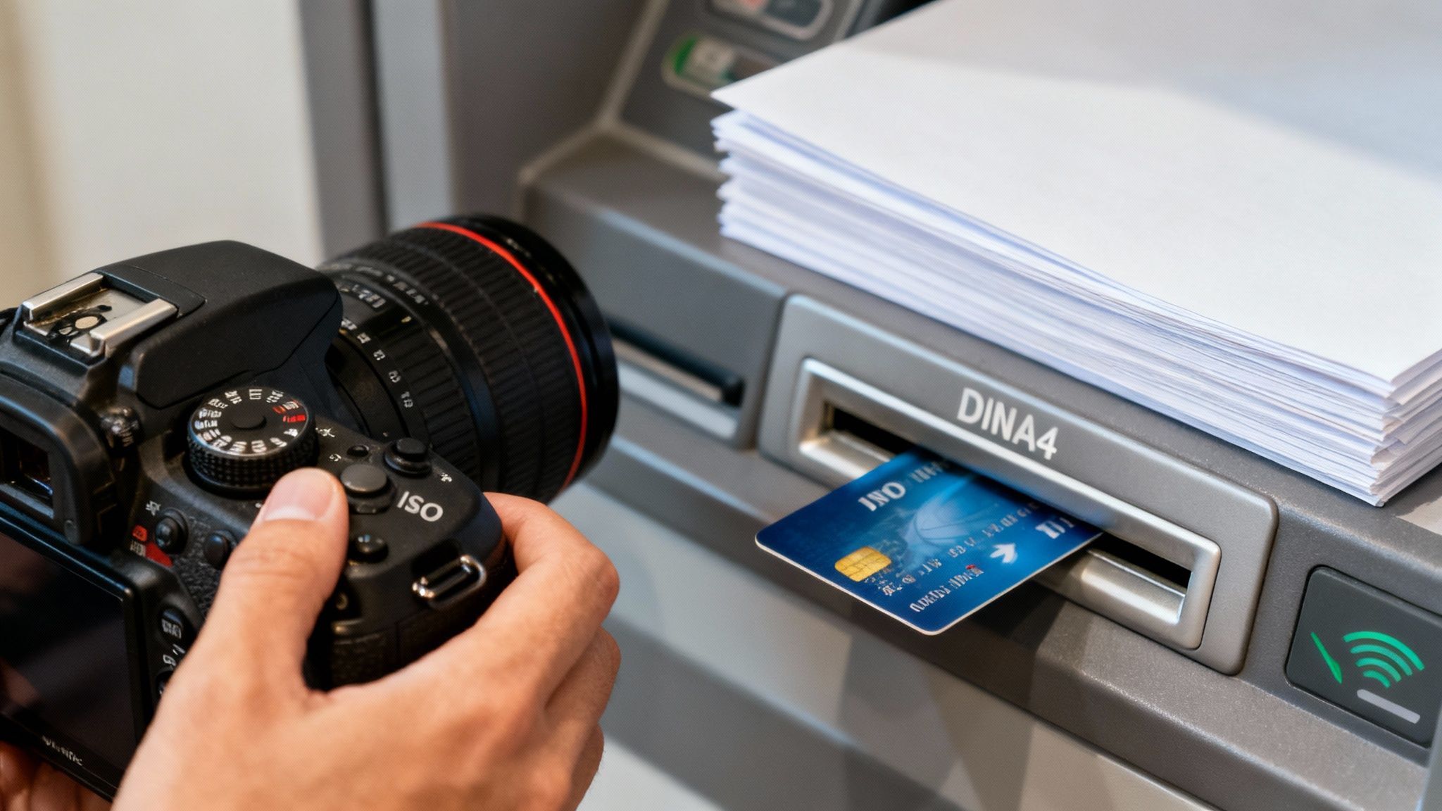 Eine Kreditkarte, die in einen Geldautomaten gesteckt wird, als Symbol für standardisierte Technologie.