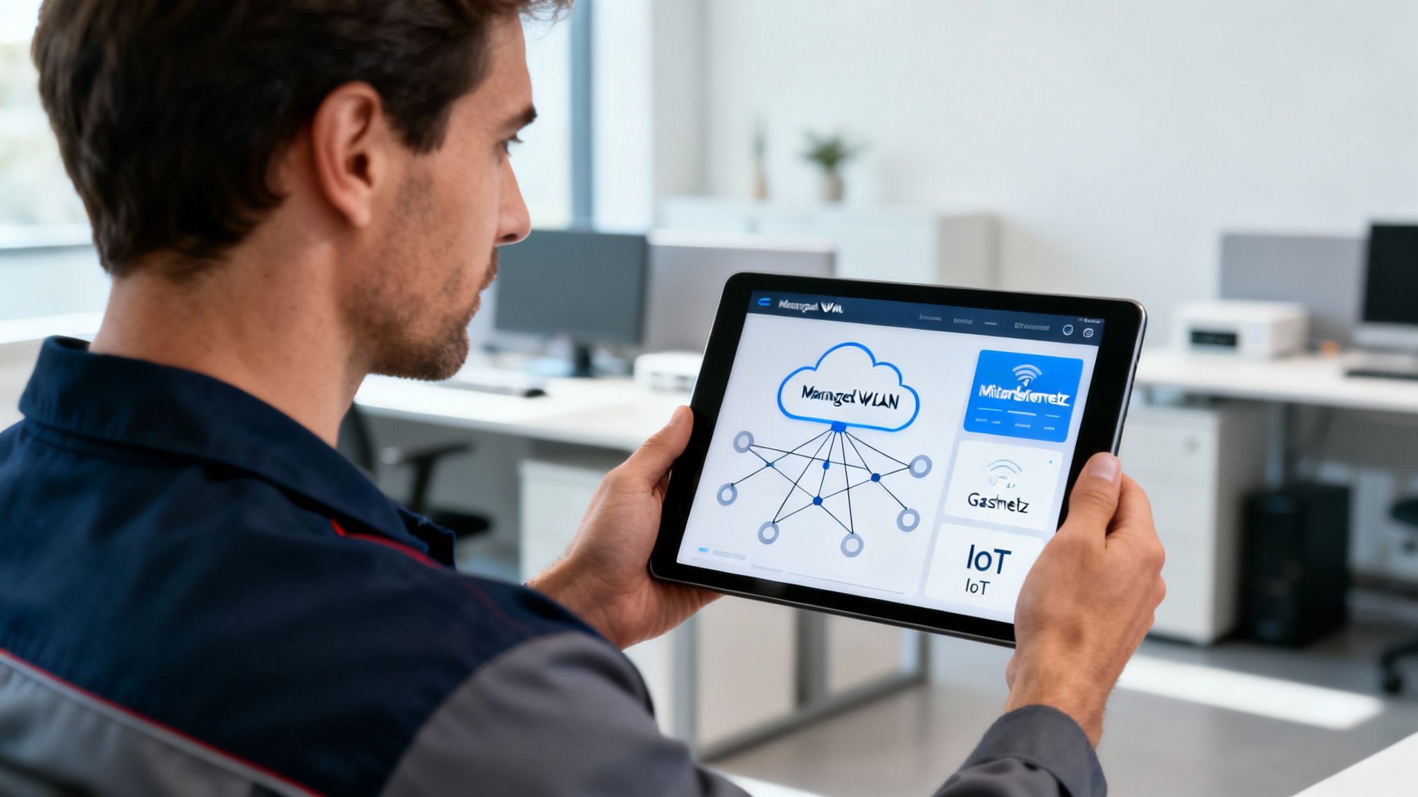 Ein Mann hält ein Tablet, das eine Übersicht über Managed WLAN, Mitarbeiternetz und IoT-Dienste zeigt.