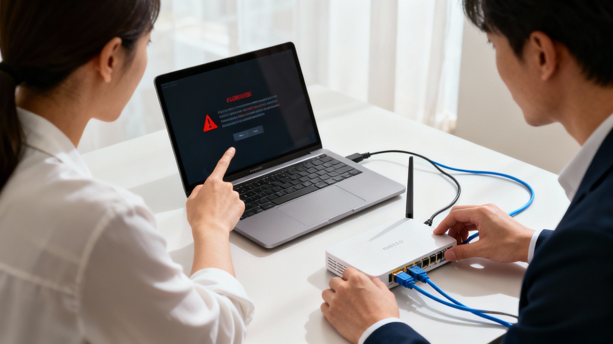 Eine Person schaut frustriert auf einen Laptop-Bildschirm, der eine Fehlermeldung anzeigt, während sie versucht, eine Remote-Verbindung herzustellen.