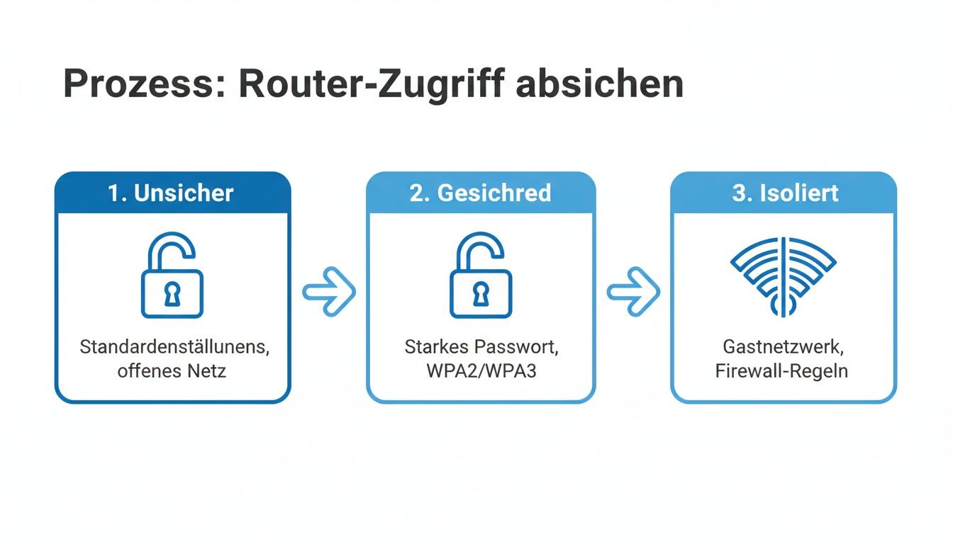 Diagramm zeigt den Prozess zur Absicherung des Router-Zugriffs in drei Schritten: unsicher, gesichert, isoliert.