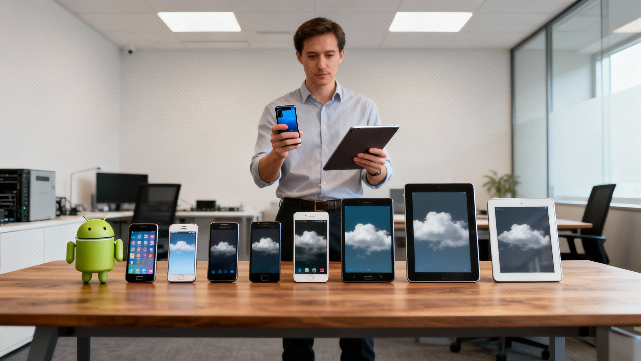 Ein Mann vergleicht verschiedene Mobilgeräte und Tablets auf einem Tisch in einem modernen Büro mit Android-Roboter.