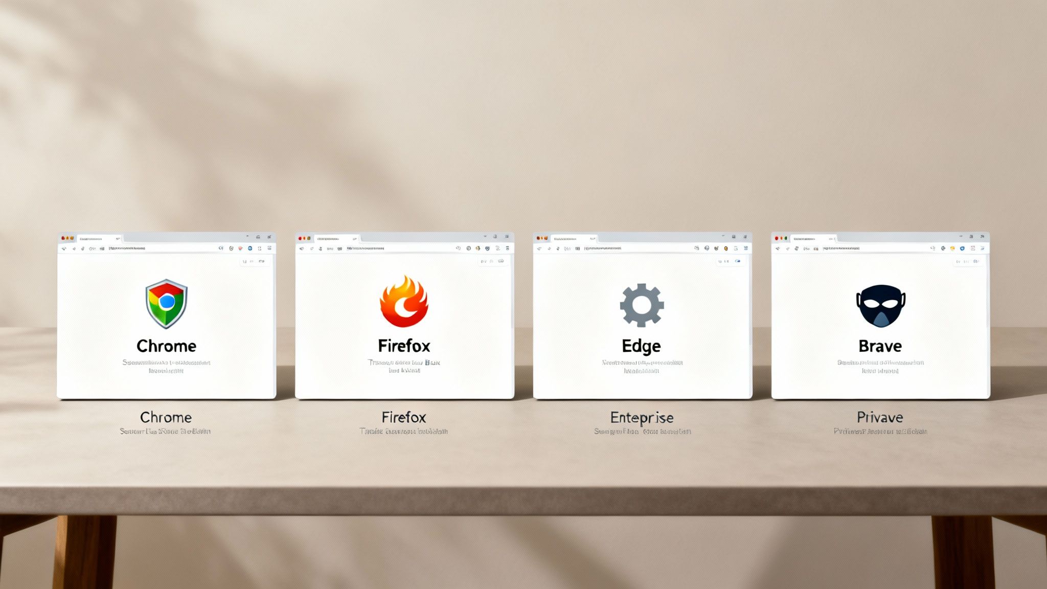 Vier Bildschirme auf einem Tisch zeigen nebeneinander die Webbrowser Chrome, Firefox, Edge und Brave.
