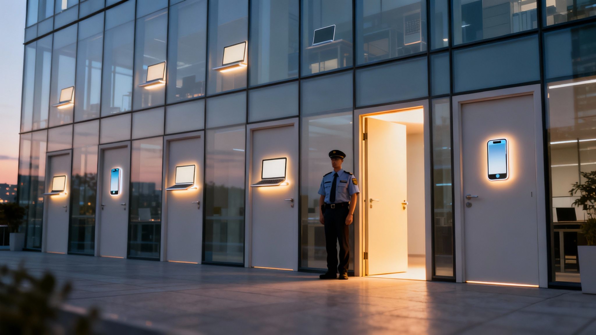 Ein Sicherheitsmann vor einem modernen Gebäude mit Türen, die leuchtende Symbole von Laptops und Smartphones zeigen.