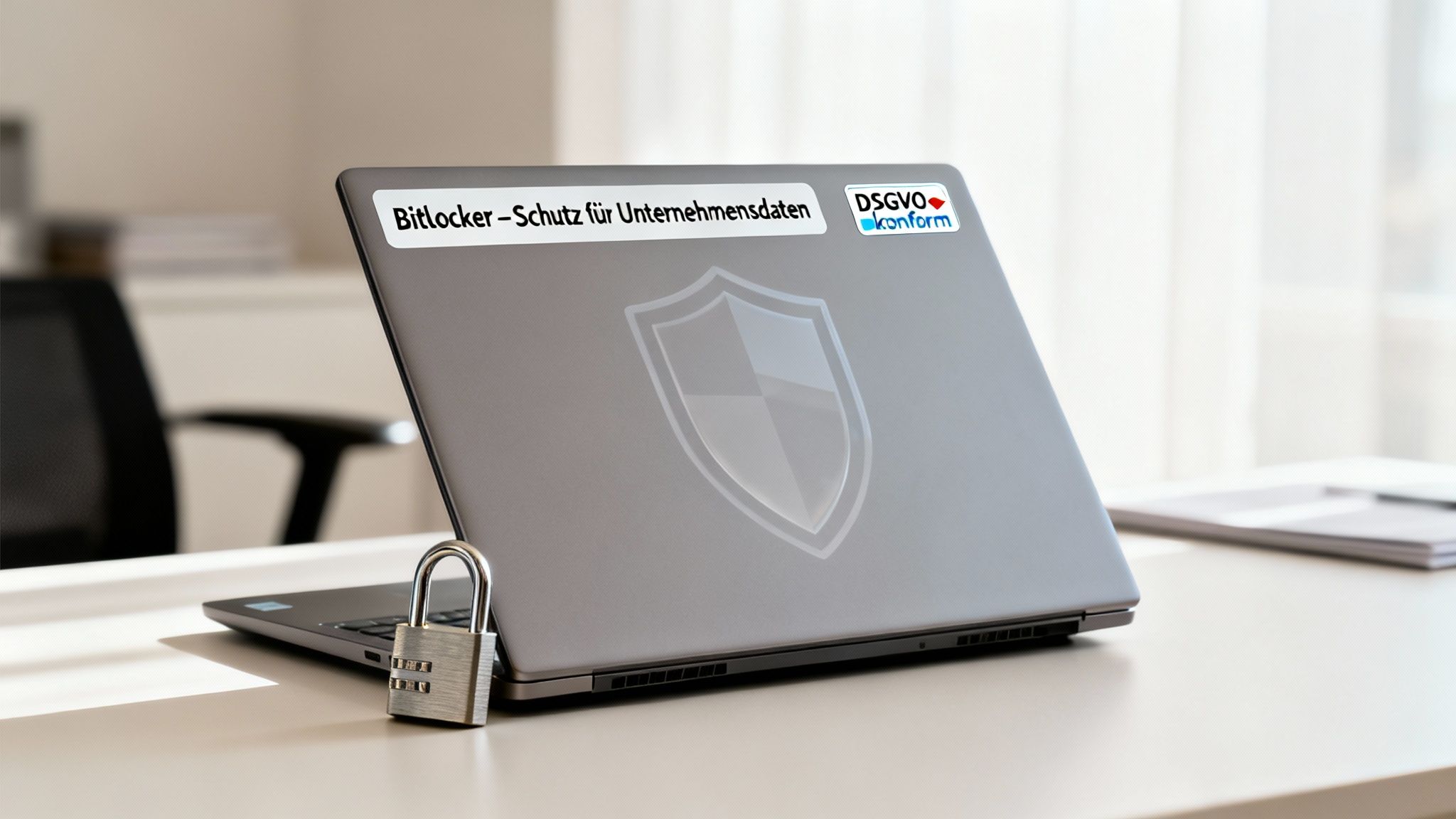 Laptop mit Bitlocker- und DSGVO-Aufklebern und einem Vorhängeschloss, das Datenschutz symbolisiert.