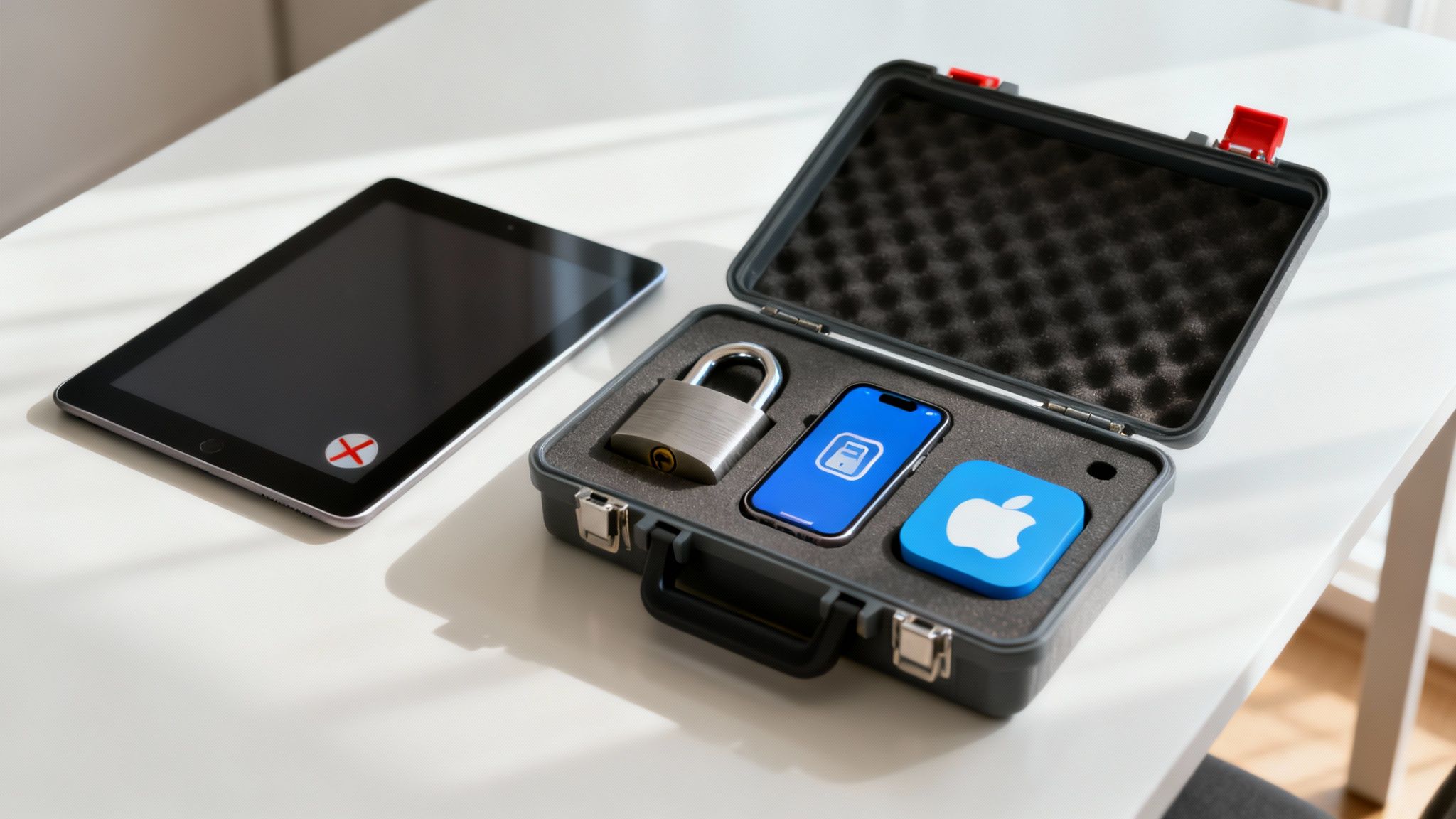 Transportkoffer mit Smartphone, Tablet, Vorhängeschloss und Apple-Logo symbolisieren Mobile Device Management und Gerätesicherheit