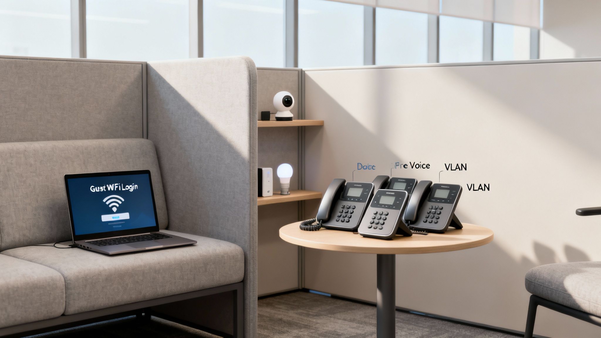 Ein Netzwerktechniker bei der Arbeit an einem Switch, der VLANs für verschiedene Abteilungen symbolisiert.