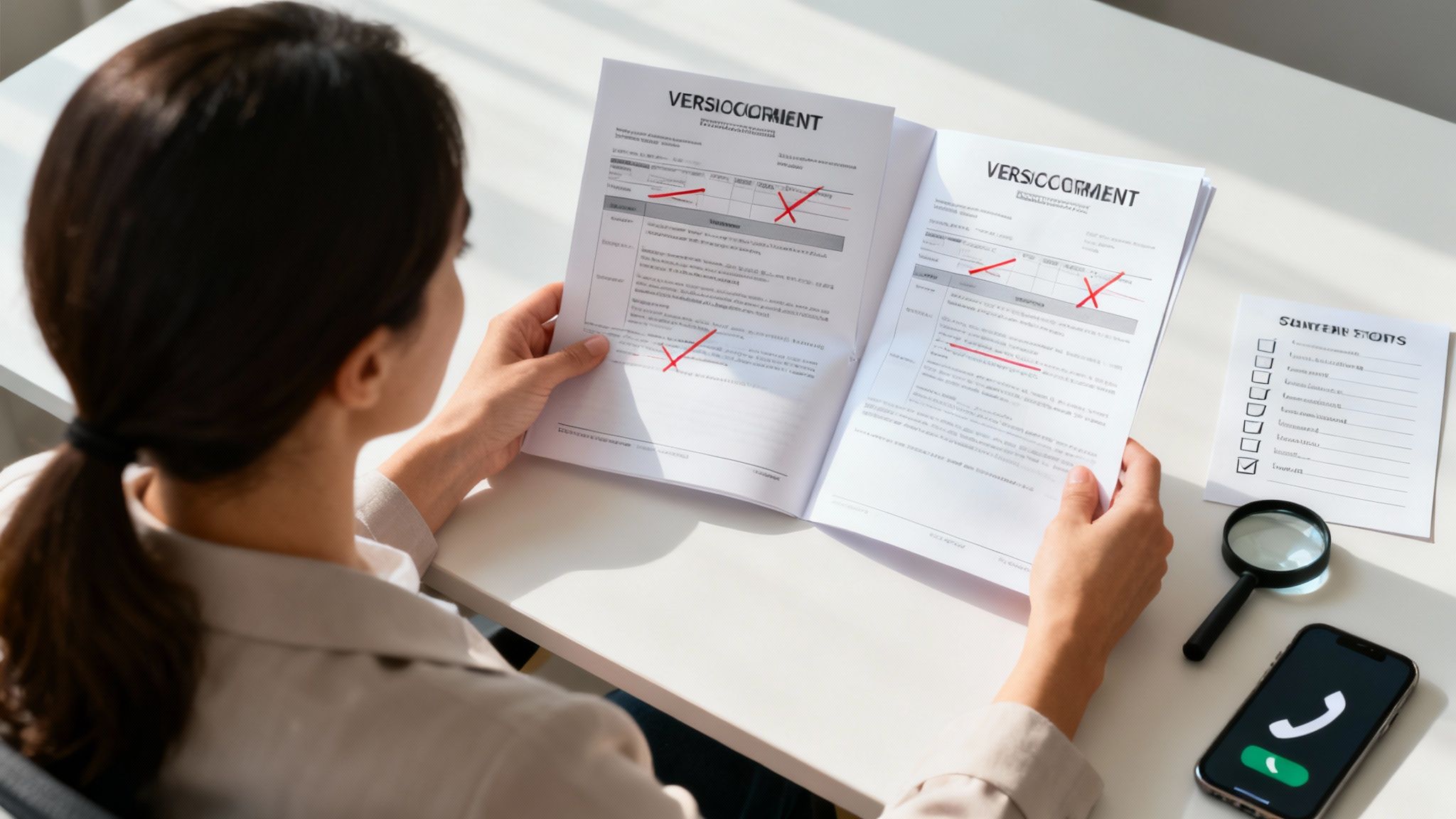 Eine Person vergleicht Versicherungspolicen mit einer Lupe