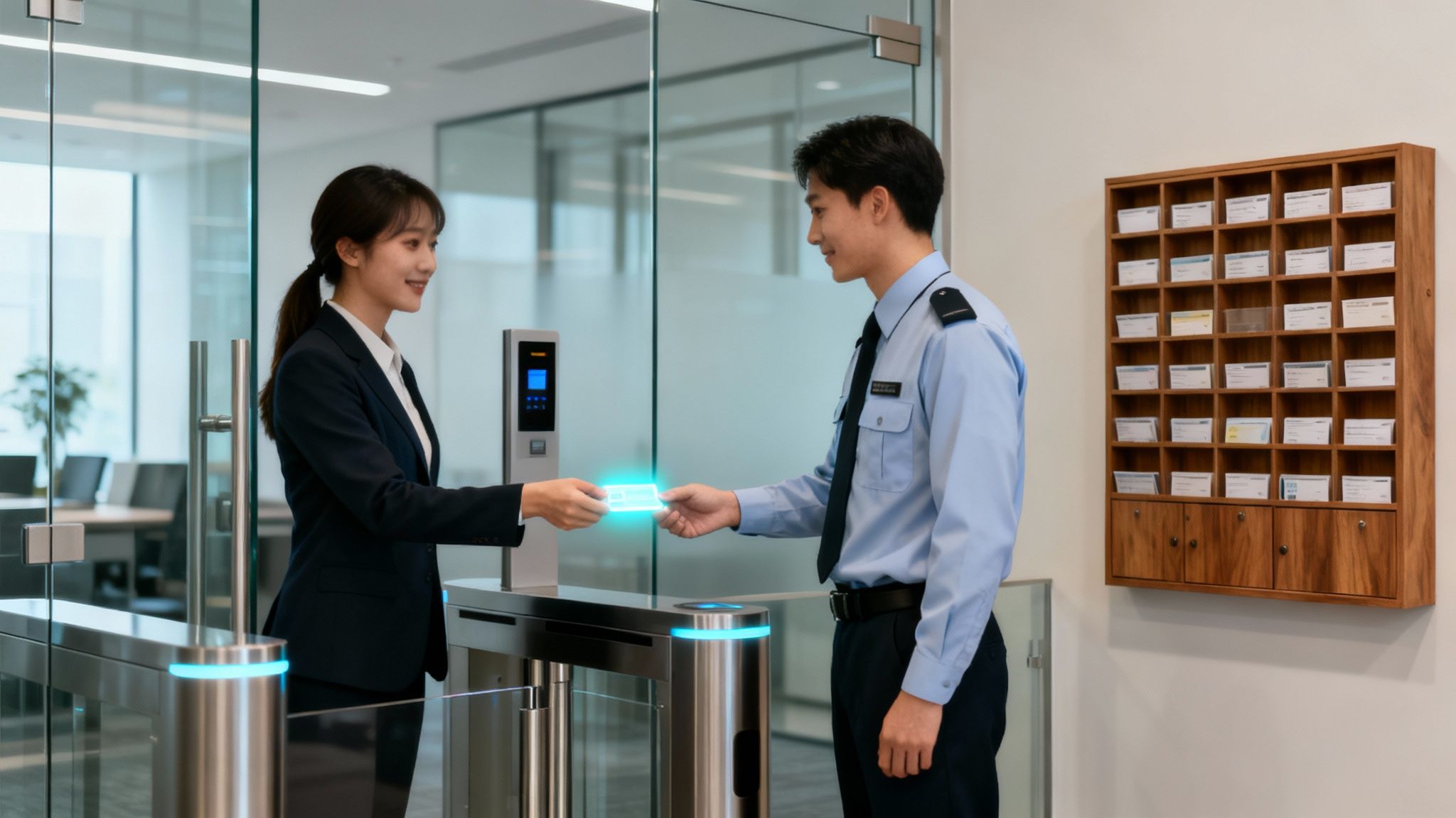 Eine Geschäftsfrau und ein Sicherheitsmann tauschen eine leuchtende Zugangskarte an einer Drehkreuzanlage in einem modernen Bürogebäude aus.