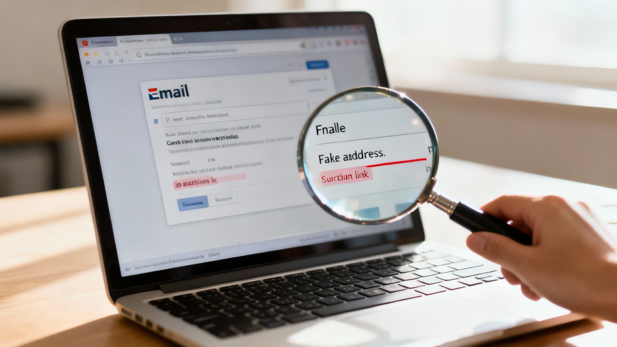 Eine Person untersucht eine E-Mail auf einem Laptop-Bildschirm mit einer Lupe, um gefälschte Adressen und verdächtige Links zu erkennen.