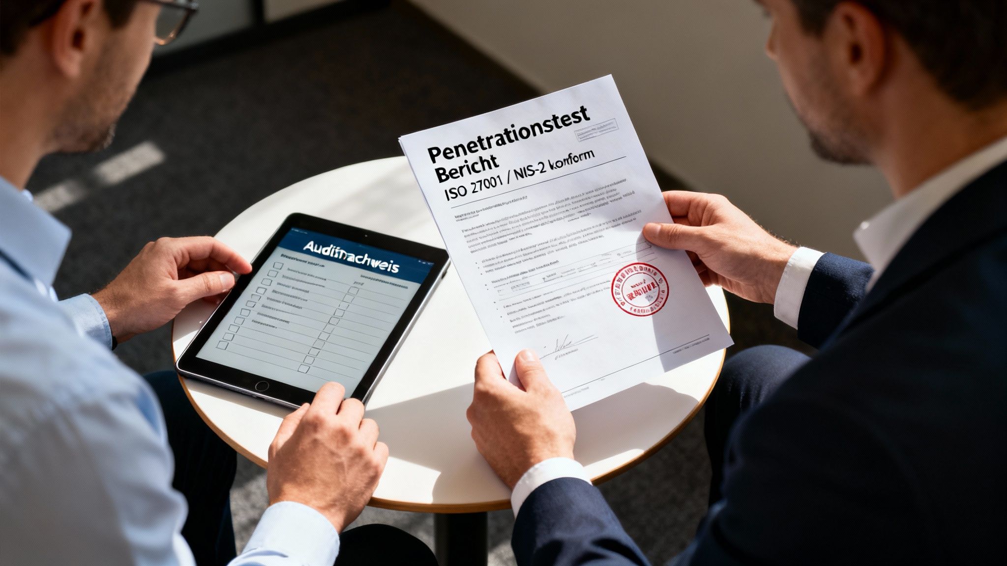 Zwei Männer prüfen einen Penetrationstest-Bericht und einen Auditnachweis auf einem Tablet, besprechen IT-Sicherheit.
