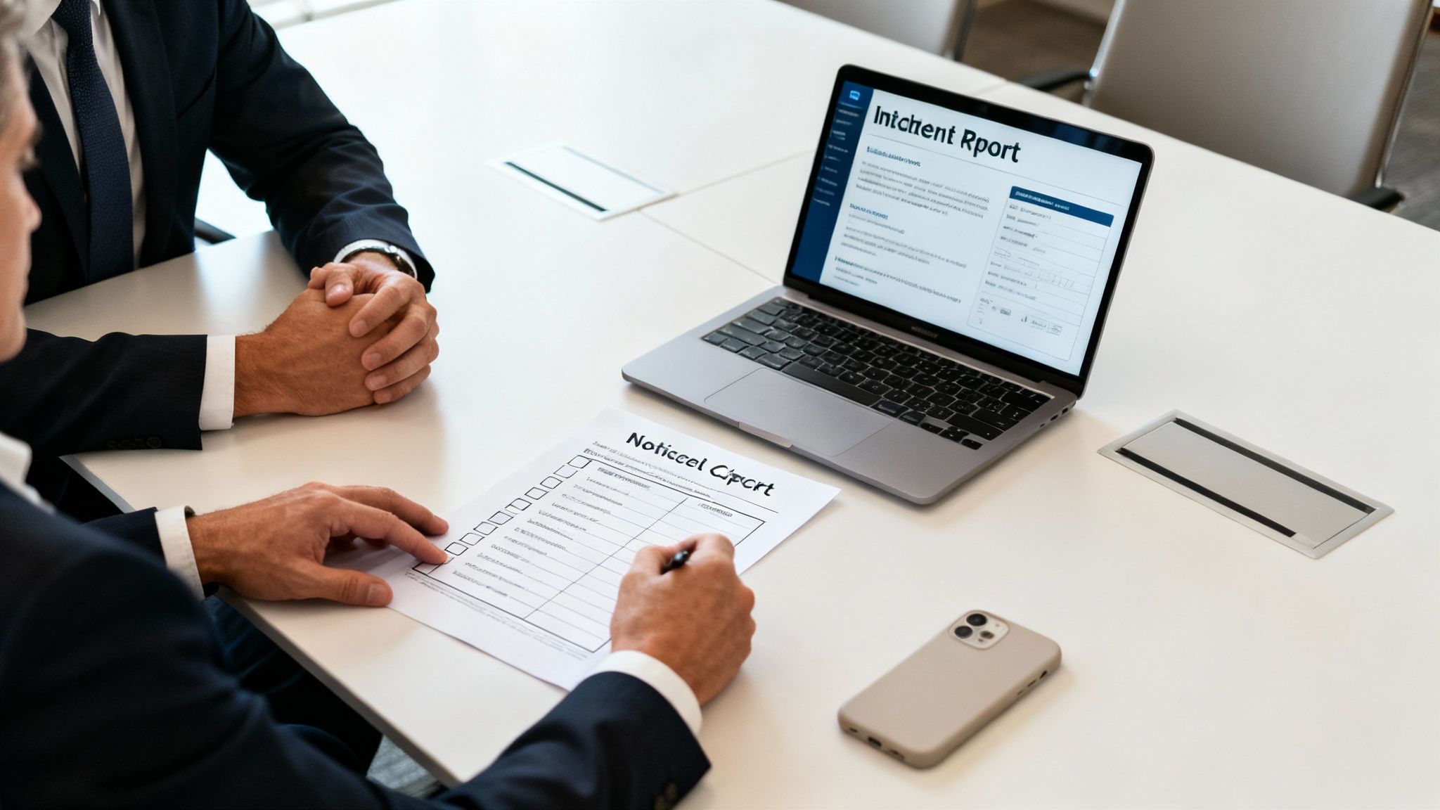 Zwei Geschäftsleute besprechen Dokumente an einem Konferenztisch mit Laptop und Telefon.