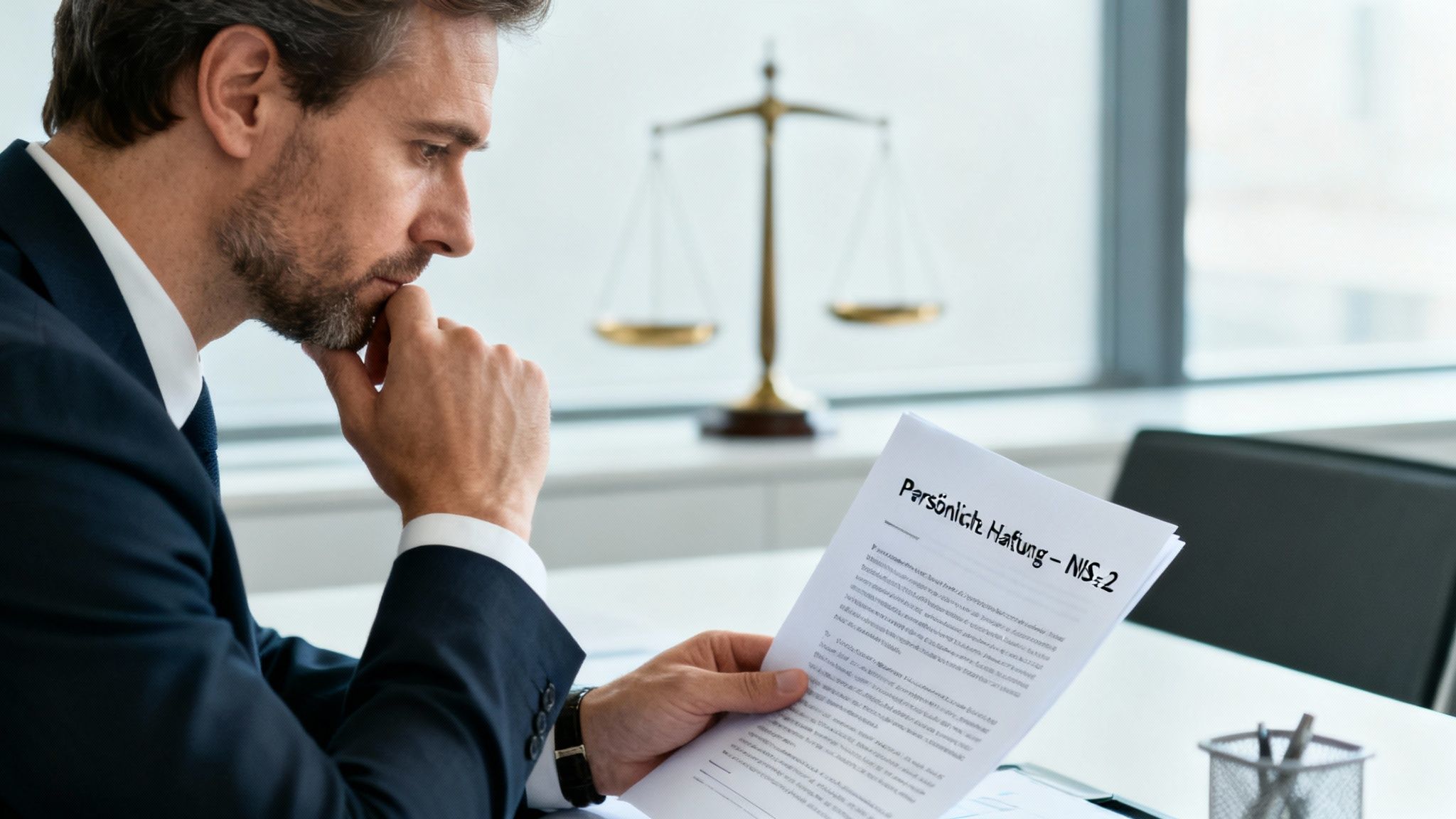 Nachdenklicher Anwalt liest Dokument zu persönlicher Haftung und NIS 2, mit Waage im Hintergrund.