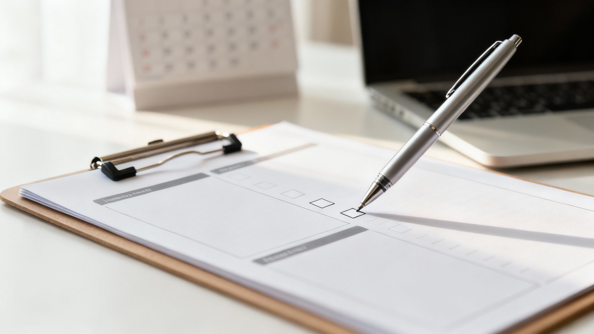 Nahaufnahme: Eine Person kreuzt ein Kästchen auf einer Checkliste mit einem Stift an einem Schreibtisch an.