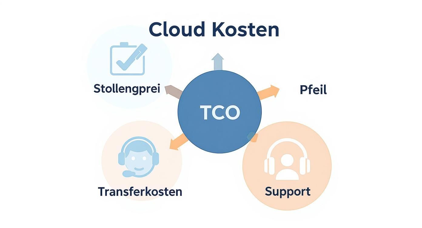 Ein Diagramm der Cloud-Kosten mit TCO im Zentrum, das Stollenpreis, Support und Transferkosten als Faktoren zeigt.