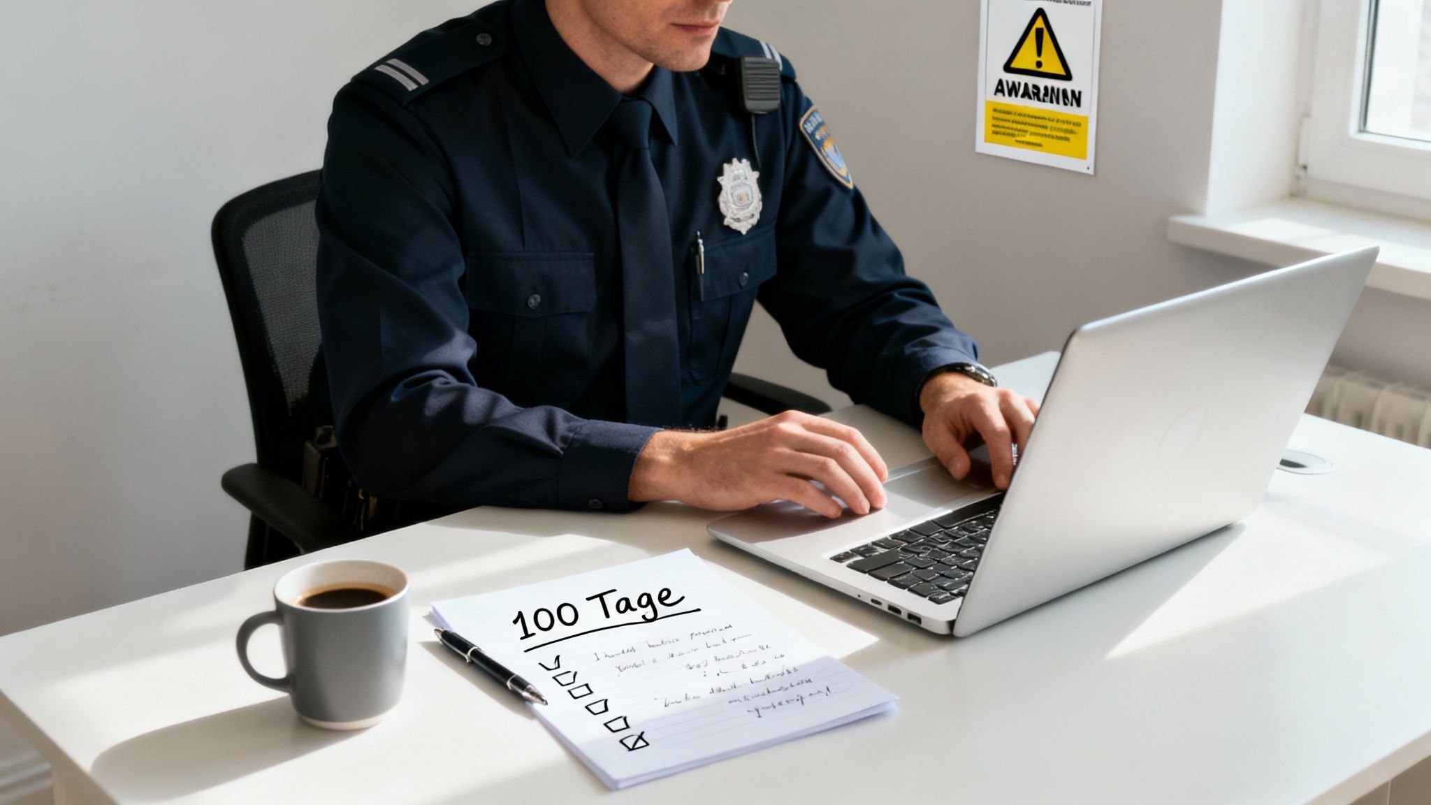 Polizist in Uniform arbeitet am Laptop an einem Schreibtisch mit Notizen und Kaffee.