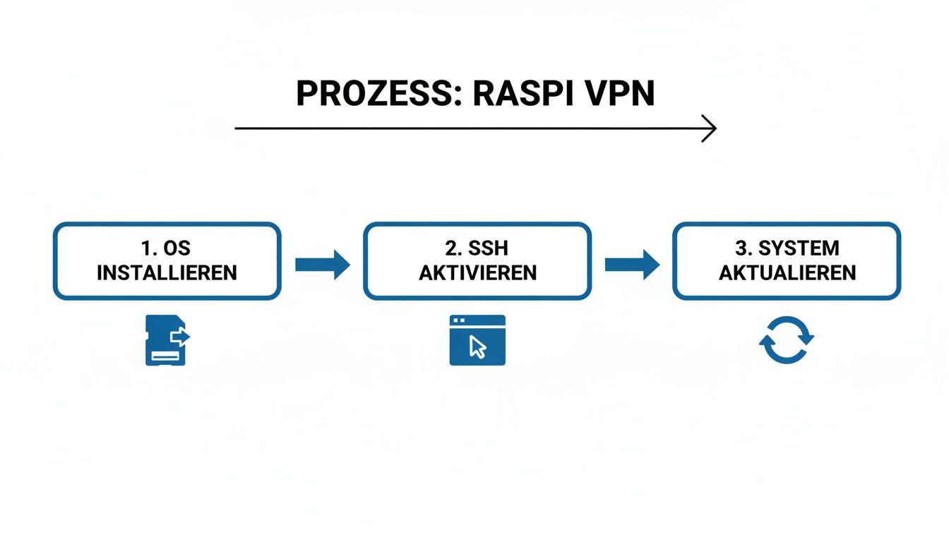 Schritt-für-Schritt-Anleitung zur Einrichtung eines Raspi VPN, beginnend mit OS-Installation, SSH-Aktivierung und Systemaktualisierung.