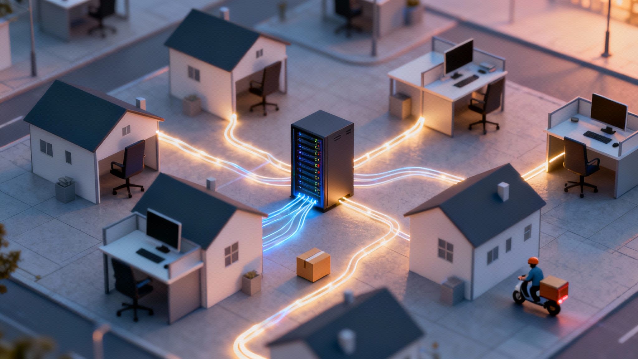 Ein Serverrack verbindet Häuser und Büros mit leuchtenden Datenleitungen für Telearbeit und Datenaustausch.