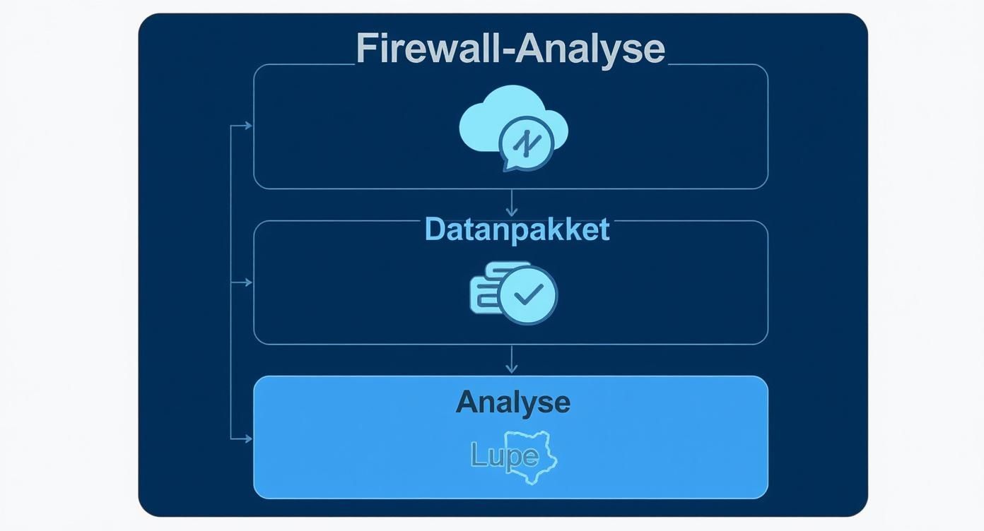 Diagramm zeigt Firewall-Analyse-Prozess mit Cloud-Symbol, Datenpaket-Überprüfung und Lupe-Analyse-Tool in drei Schritten