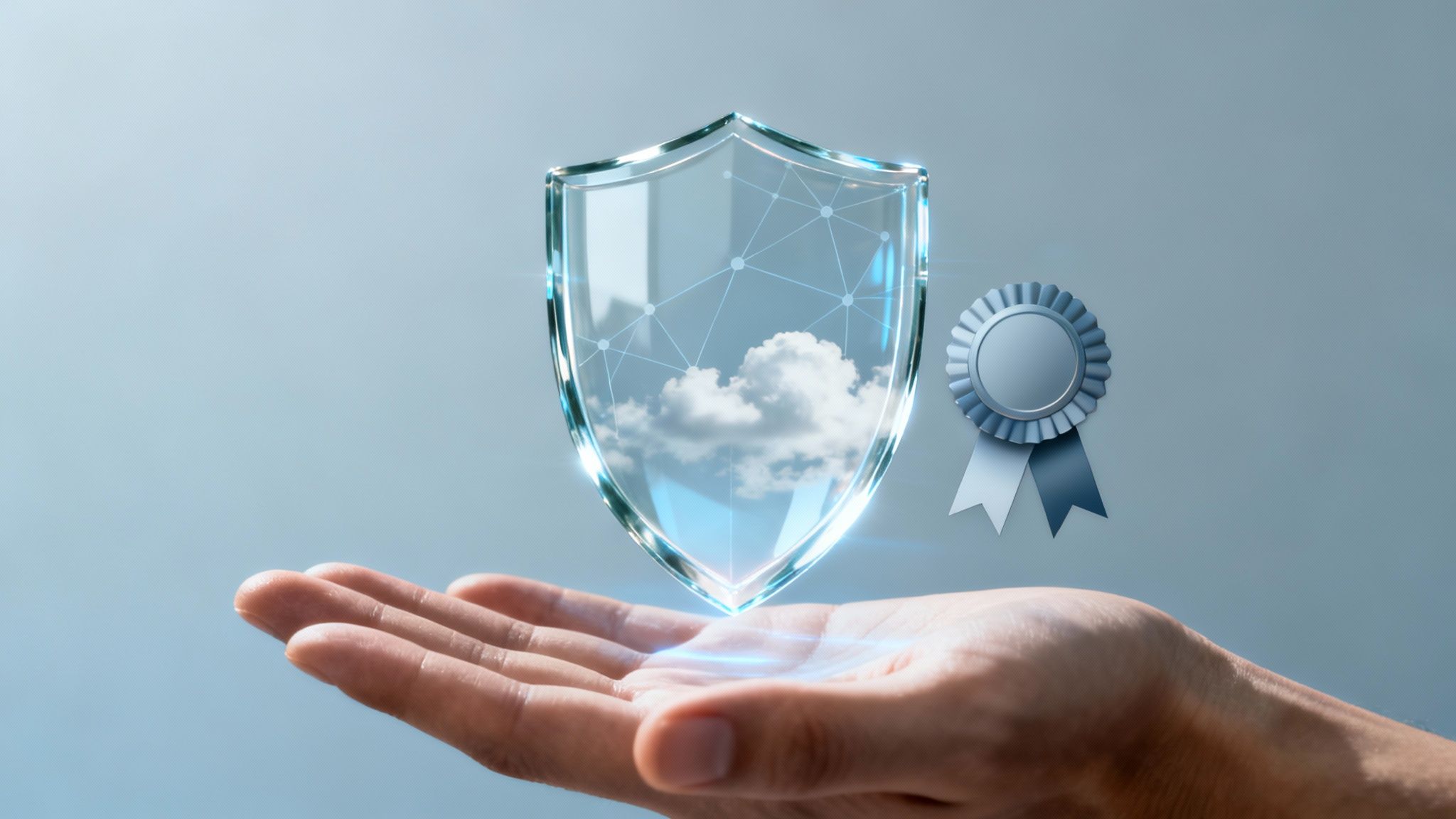 Eine Hand hält ein glänzendes Schild mit Wolken und Netzwerk, symbolisierend Cloud-Sicherheit und Datenschutz mit einem Qualitätssiegel.