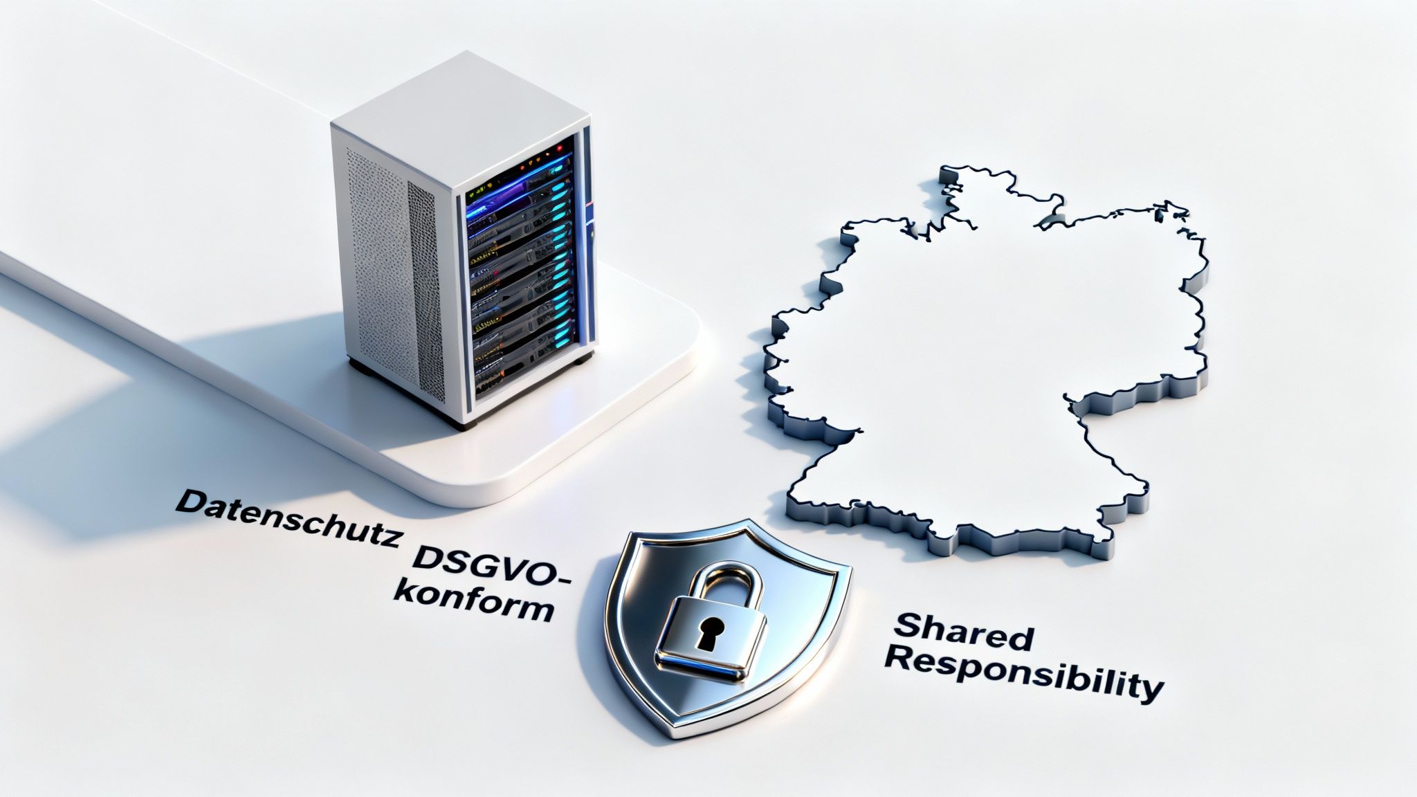 Server, Deutschlandkarte, Sicherheitsschild und Texte zu Datenschutz, DSGVO-Konformität und geteilter Verantwortung.
