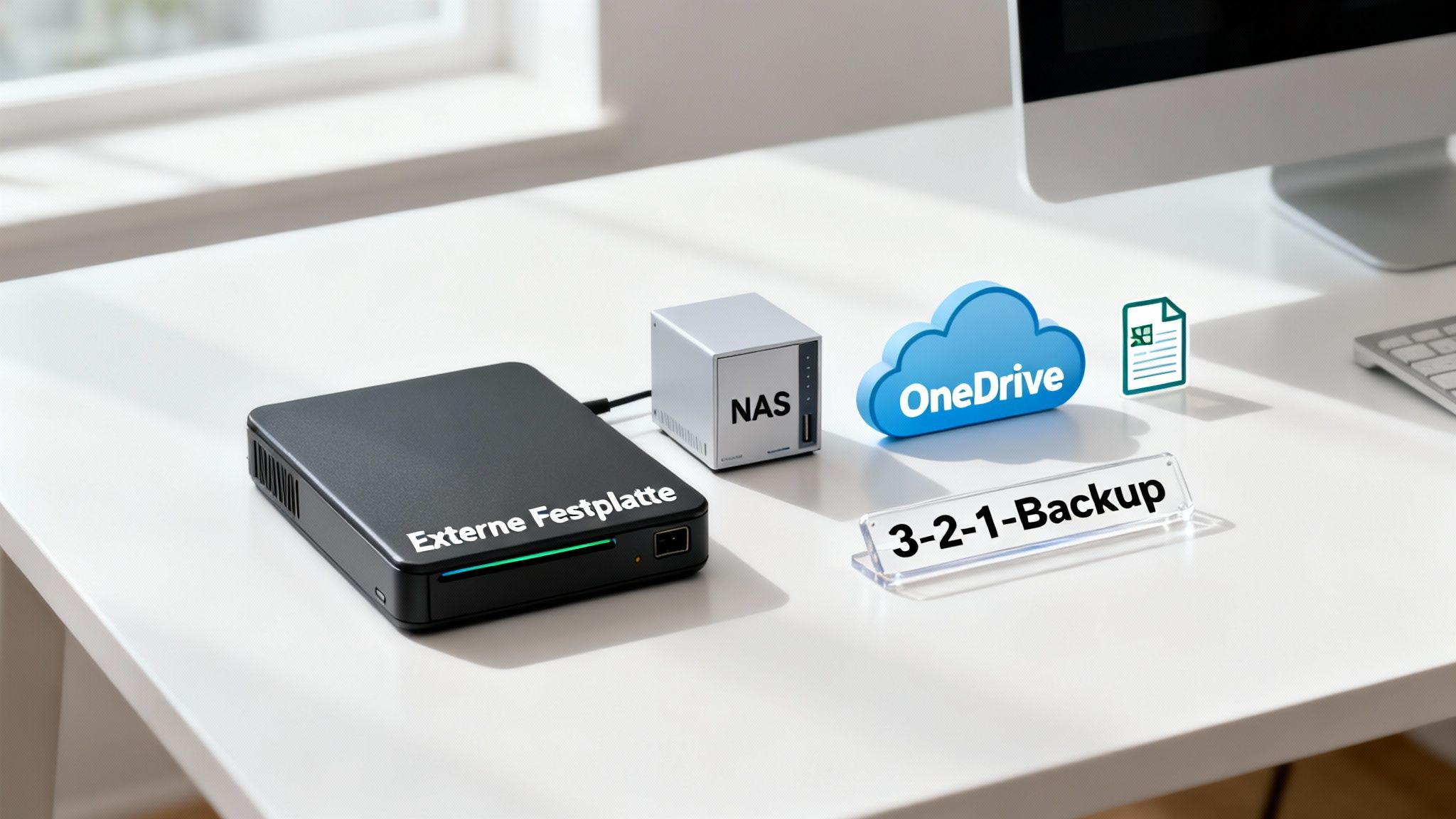 Datensicherungslösungen wie externe Festplatte, NAS, OneDrive-Cloud und ein '3-2-1-Backup'-Schild auf einem Schreibtisch.