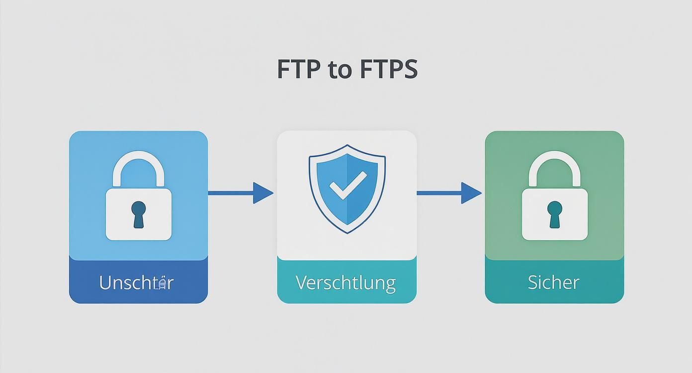 Grafik zeigt den Übergang von unsicherem FTP zu sicherem FTPS durch Verschlüsselung.