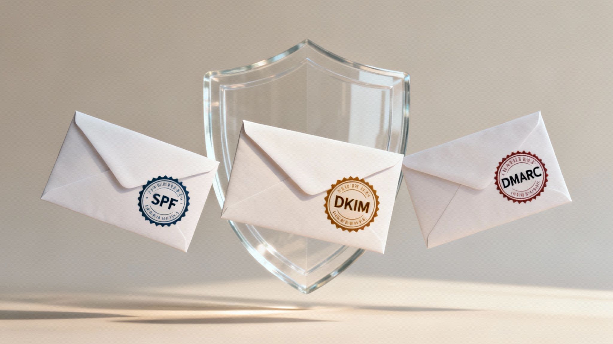 Drei Umschläge mit SPF, DKIM, DMARC Stempeln vor einem Schutzschild für E-Mail-Sicherheit.