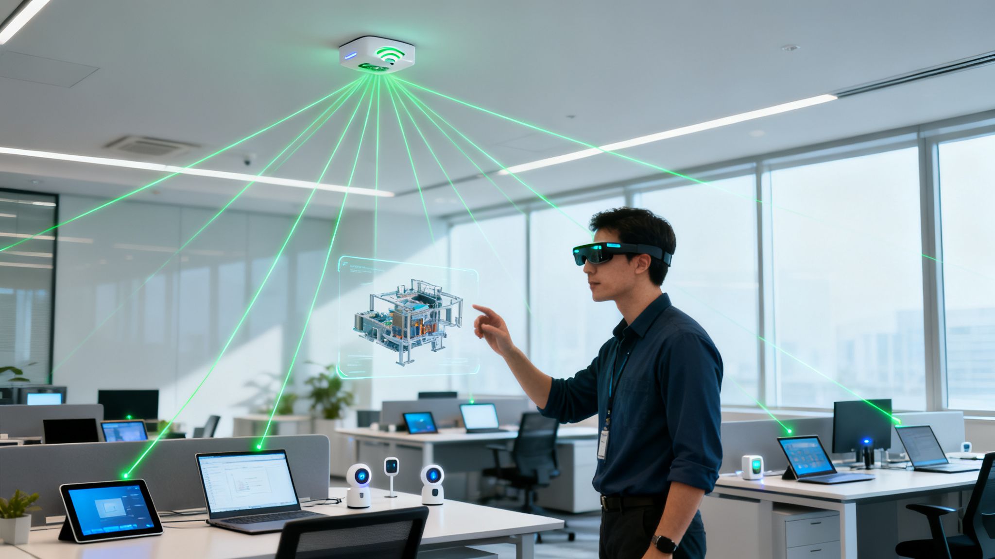 Mann mit AR-Brille interagiert mit holografischer Anzeige in einem modernen Büro mit intelligenten Geräten und grünen Laserstrahlen.