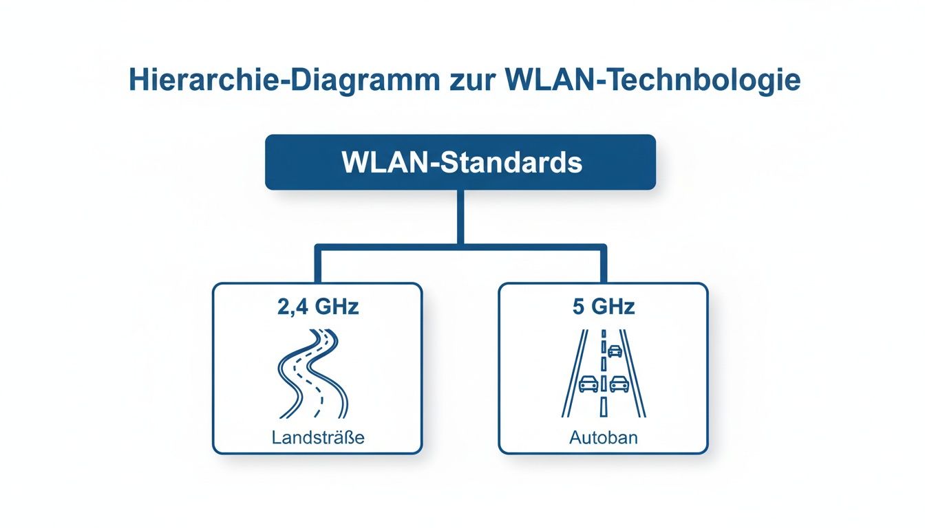 Hierarchie-Diagramm zur WLAN-Technologie, das die Frequenzen 2,4 GHz (Landstraße) und 5 GHz (Autobahn) anhand von Straßentypen vergleicht.