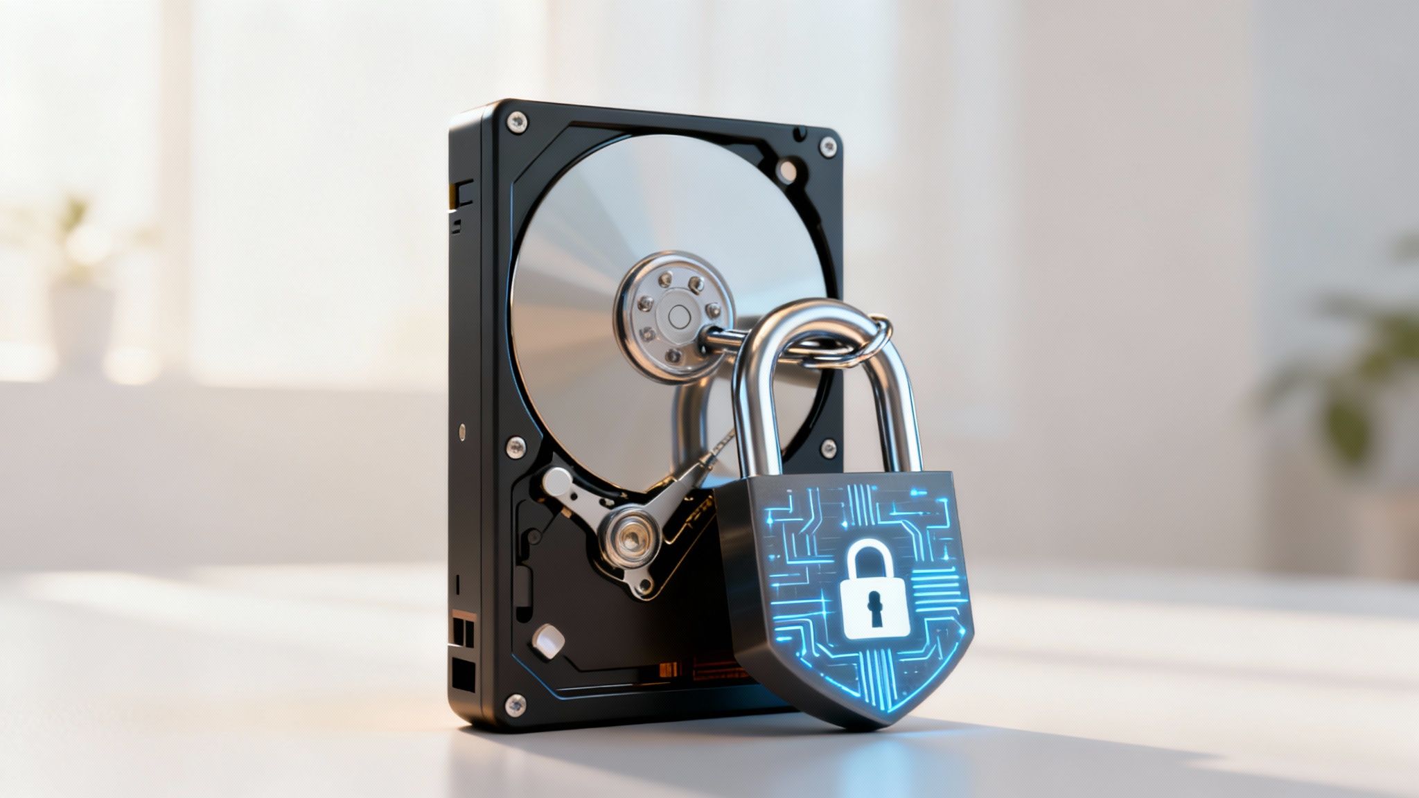 Eine verschlossene externe Festplatte symbolisiert den Schutz von Daten