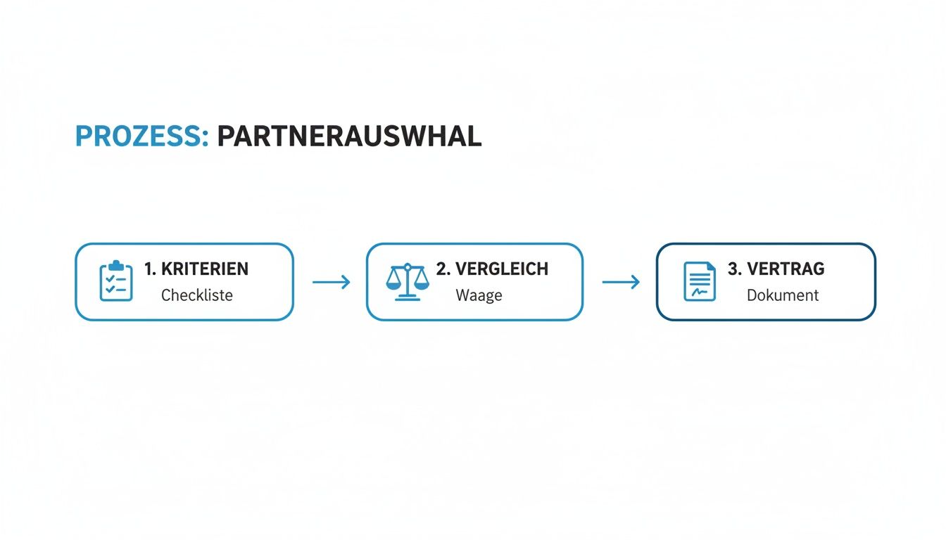 Prozessdarstellung zur Partnerauswahl mit den Schritten Kriterien, Vergleich und Vertrag, jeweils mit passenden Icons.