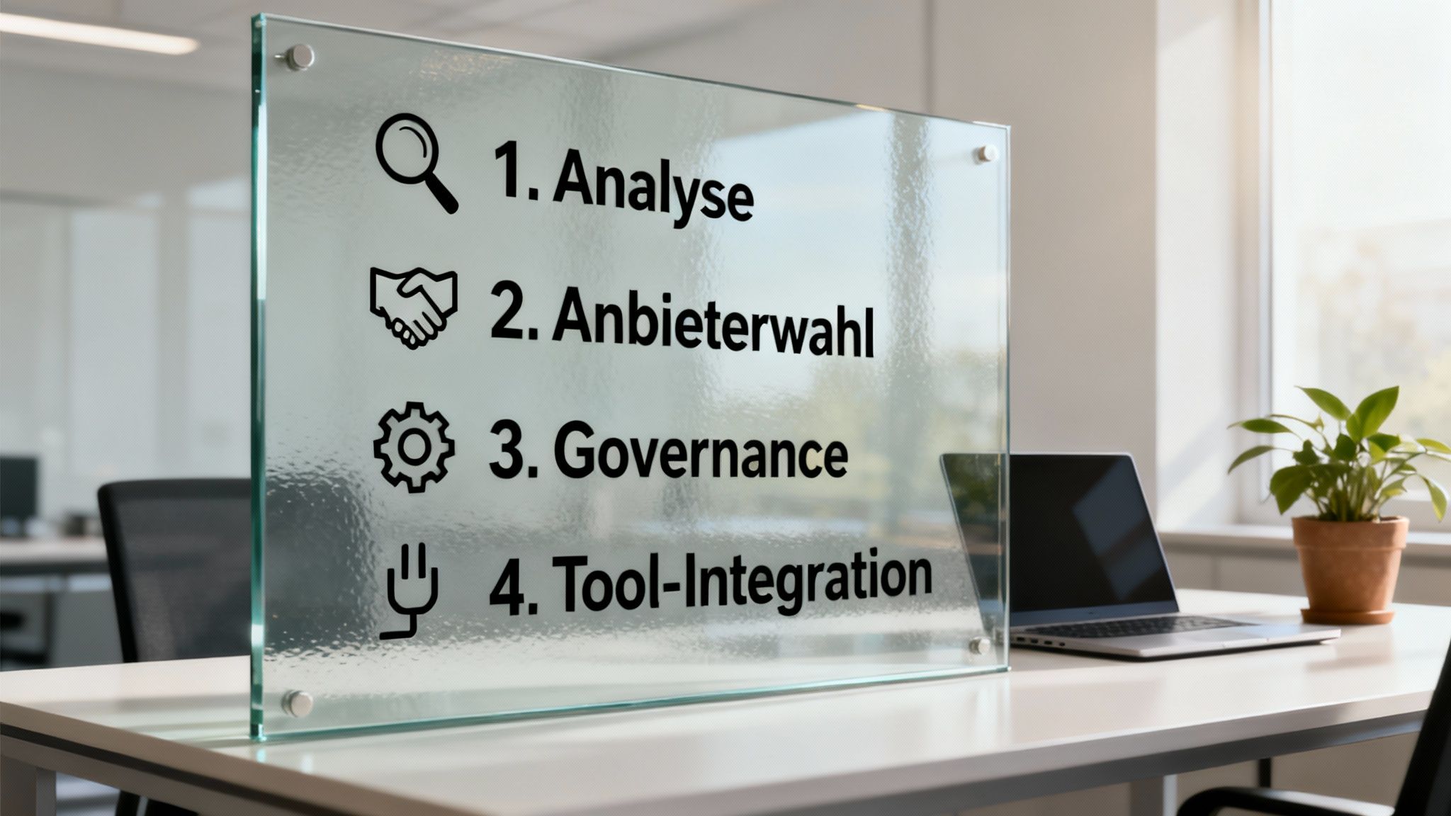 Eine schematische Darstellung des vierstufigen Prozesses zur Umsetzung einer Multi-Cloud-Strategie mit Icons für Analyse, Auswahl, Governance und Tools