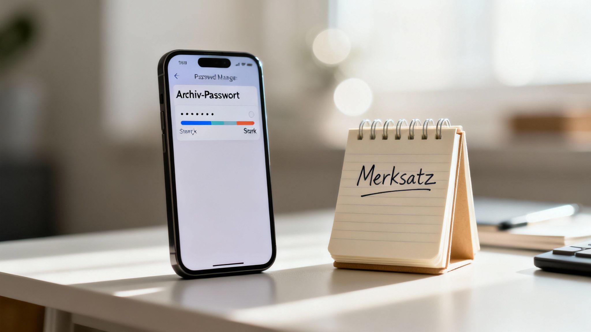 Smartphone zeigt Passwort-Manager für 'Archiv-Passwort', daneben Notizblock mit 'Merksatz' für sichere Erinnerung.