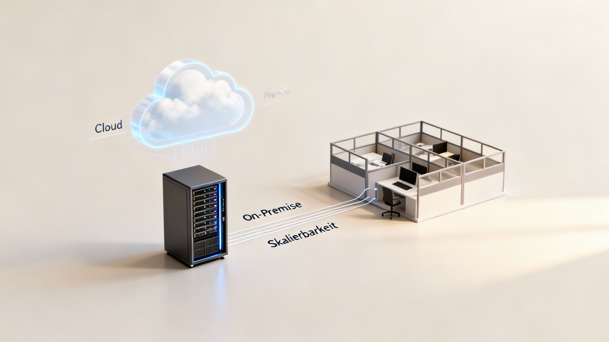 Darstellung einer hybriden IT-Infrastruktur mit Cloud, On-Premise-Servern und Büroräumen für Skalierbarkeit.