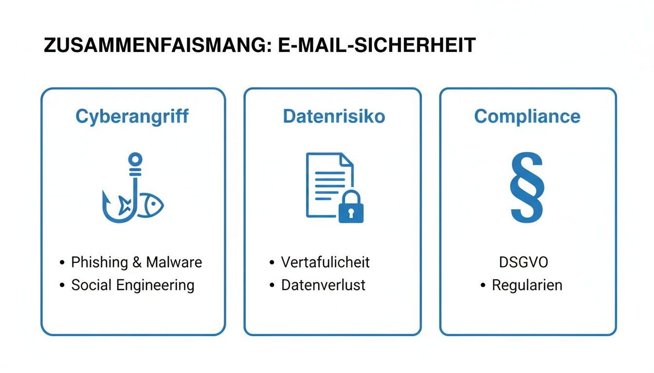 Übersicht über E-Mail-Sicherheitsrisiken wie Cyberangriffe, Datenrisiken und Compliance-Anforderungen in drei Kategorien.