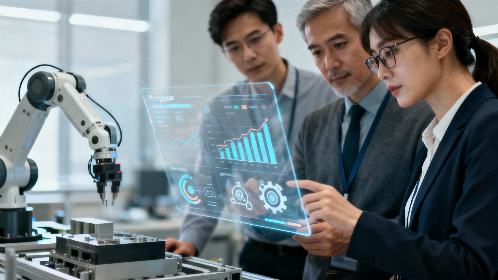 Eine futuristische Darstellung von AI-gesteuerten Automatisierungsprozessen in einem Büro
