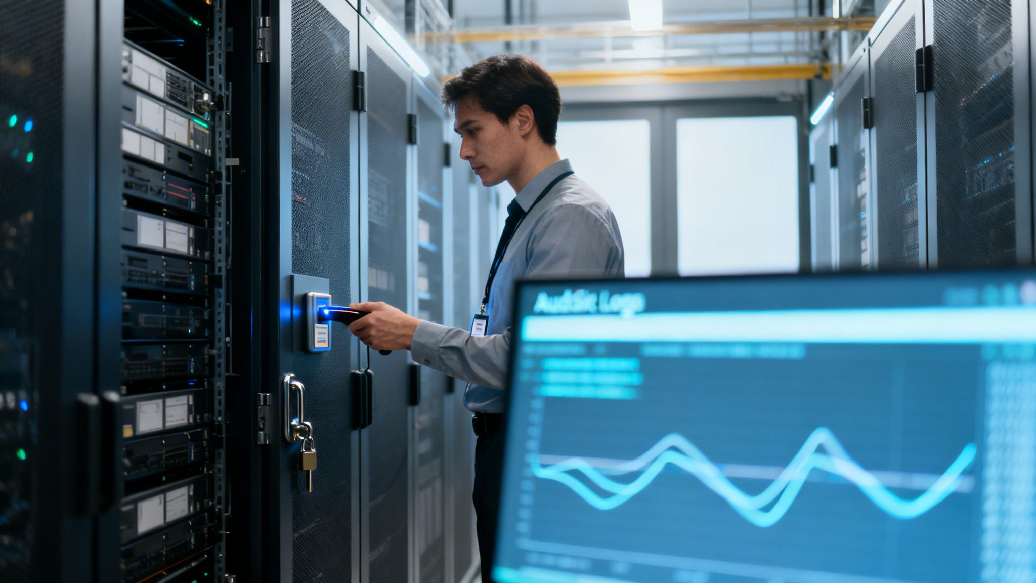 Ein Techniker scannt einen Server in einem modernen Rechenzentrum, während im Vordergrund Audit-Logs auf einem Bildschirm zu sehen sind.