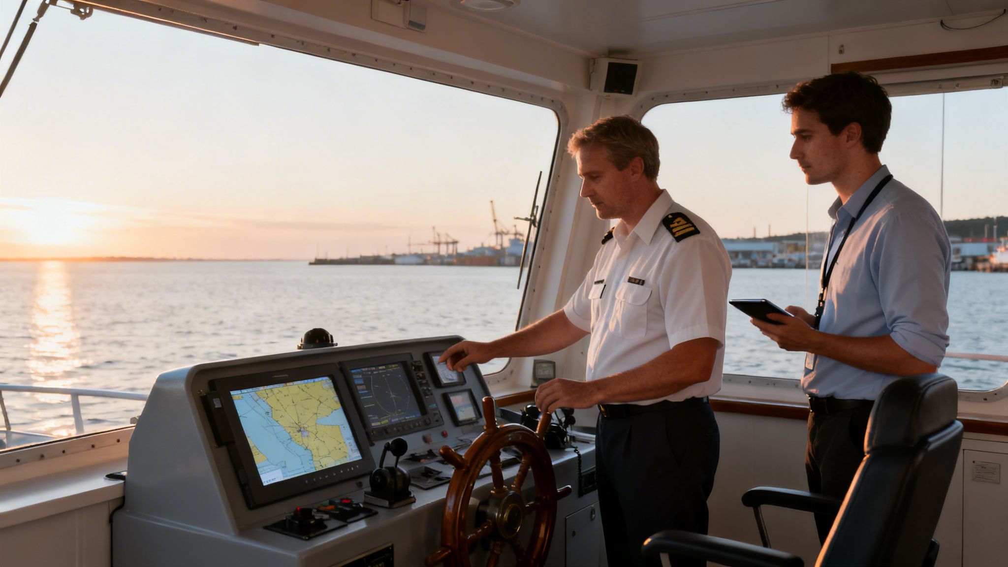 Kapitän und Offizier auf der Brücke eines Schiffes bei Sonnenuntergang, Blick auf Instrumente und den Hafen.