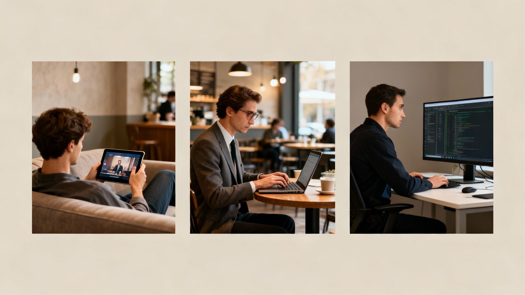 Eine Person sitzt an einem Schreibtisch mit mehreren Bildschirmen, auf denen Daten und Code angezeigt werden, was die Nutzung eines Proxys für verschiedene Aufgaben symbolisiert.