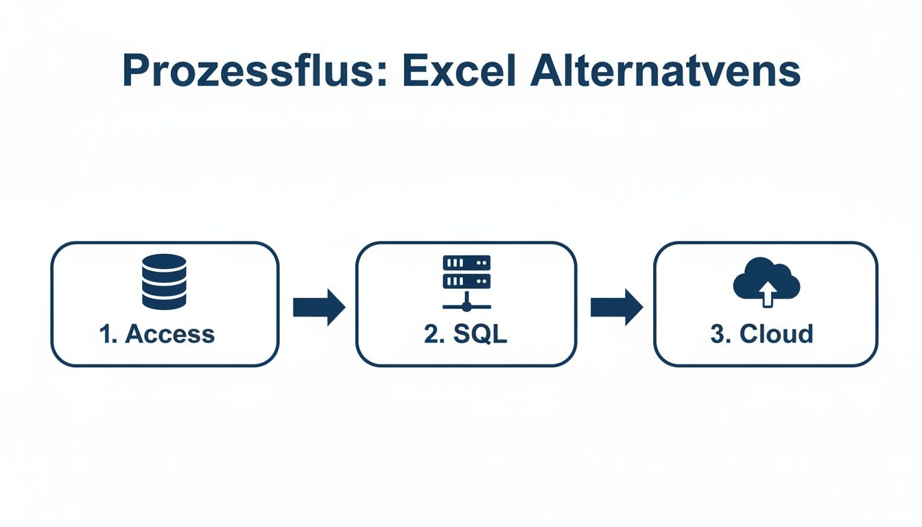 Prozessflussdiagramm mit drei Schritten: 1. Access-Datenbank, 2. SQL-Server, 3. Cloud-Speicher. Eine Alternative zu Excel.