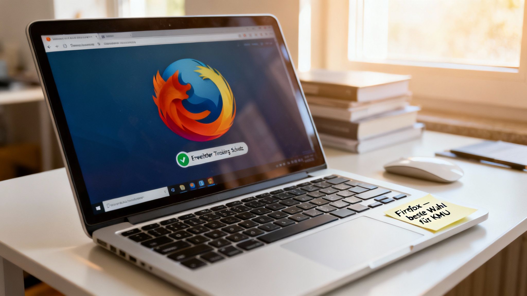 Laptop auf einem Schreibtisch zeigt den Firefox-Browser mit erweitertem Tracking-Schutz und einer Empfehlung für KMU.